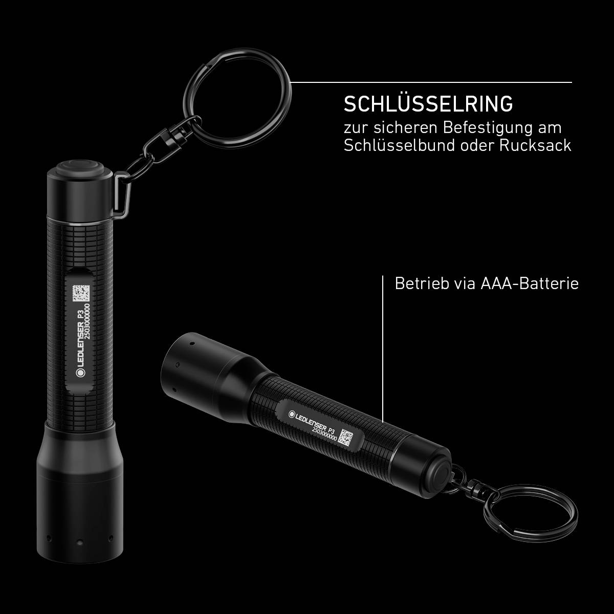 Eine schwarze Mini-Taschenlampe mit Schlüsselring und der Beschreibung: 'Schlüsselring zur sicheren Befestigung am Schlüsselbund oder Rucksack. Betrieb via AAA-Batterie.'