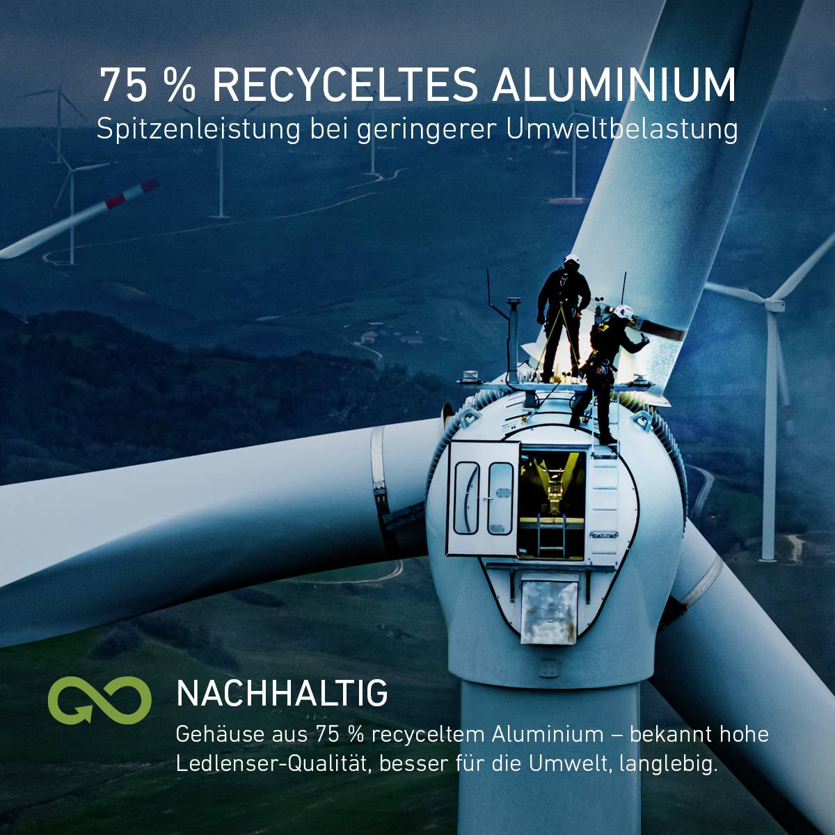 Zwei Personen arbeiten auf einer Windkraftanlage. Text: '75 % recyceltes Aluminium', betont Nachhaltigkeit und Umweltleistung.