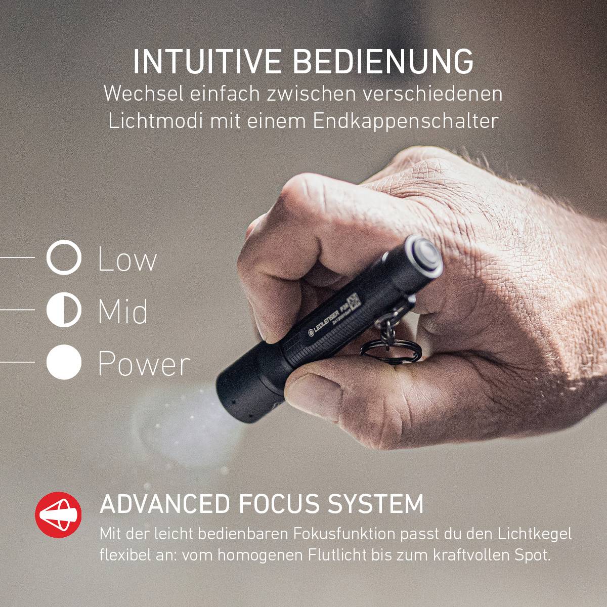 Ein Mann hält eine kleine Taschenlampe. Text: 'INTUITIVE BEDIENUNG. Wechsel einfach zwischen verschiedenen Lichtmodi mit einem Endkappenschalter.' Markierungen für Low, Mid, Power. 'ADVANCED FOCUS SYSTEM.'