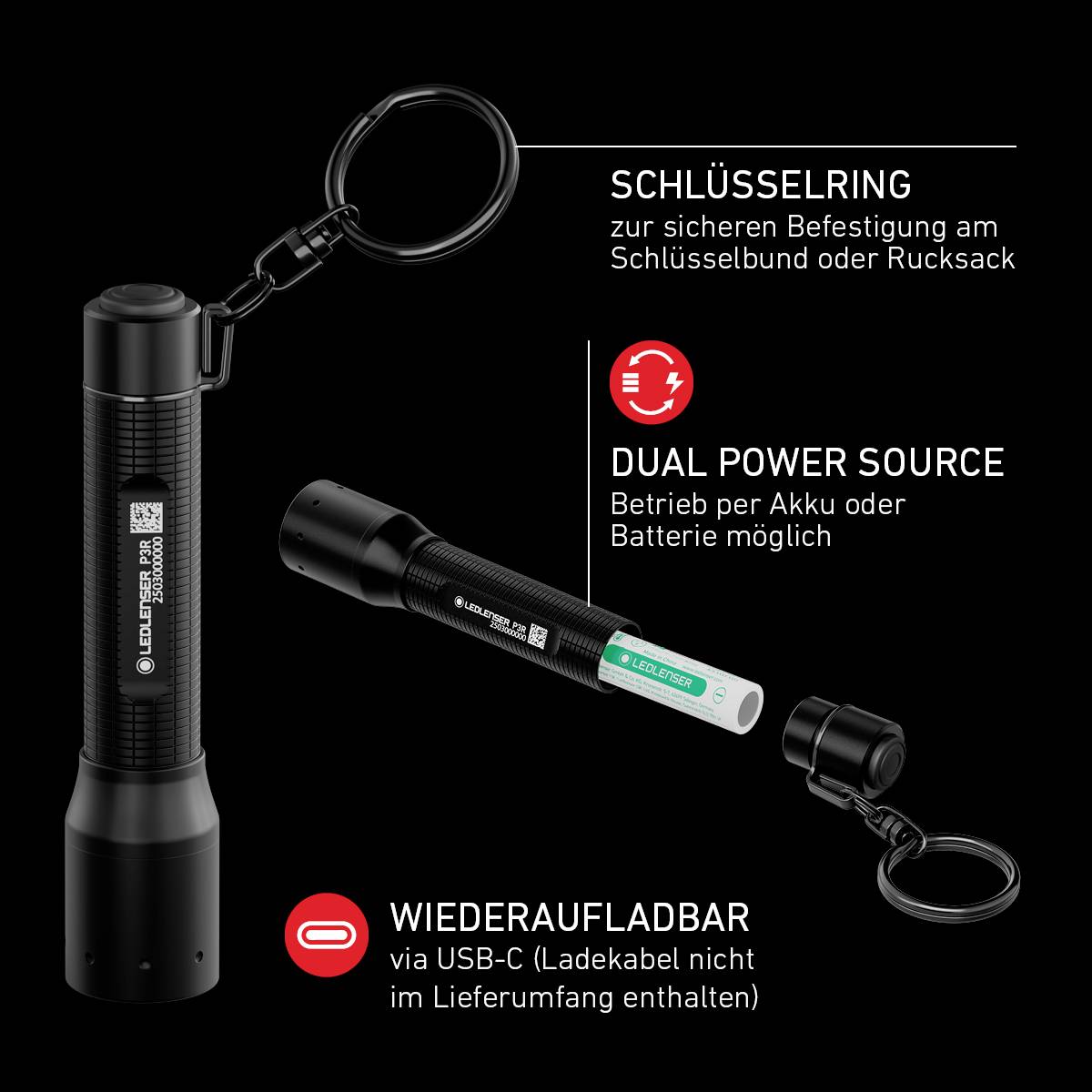 Taschenlampe mit Schlüsselring, dualer Stromquelle (Akku/Batterie), USB-C wiederaufladbar. Text: Schlüsselring, Dual Power Source, Wiederaufladbar.