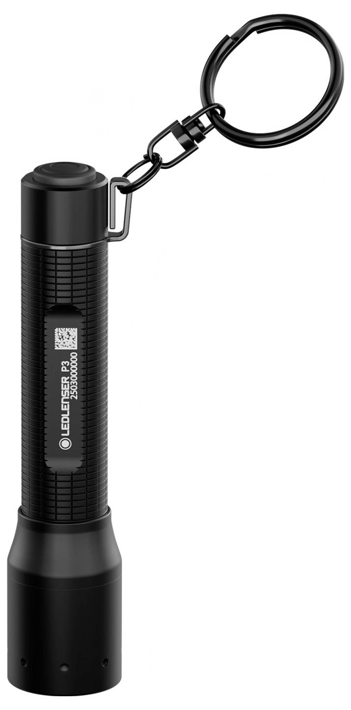 Eine schwarze LED-Taschenlampe am Schlüsselanhänger mit strukturiertem Griff und angebrachtem Schlüsselring. Sie ist kompakt und zylindrisch geformt.