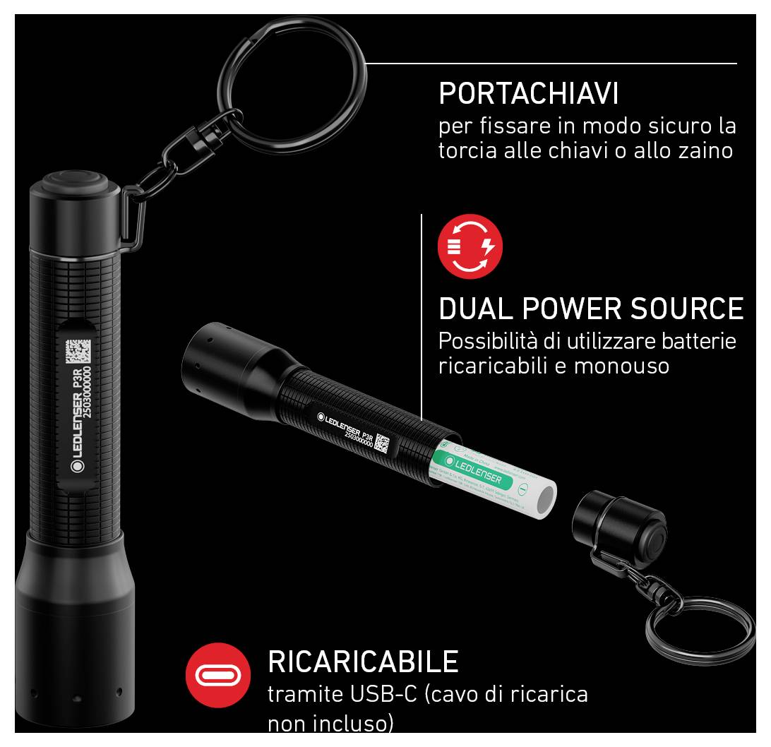 Schlüsselanhänger zum Befestigen an Schlüsseln oder Rucksack. Doppelte Stromquelle, kompatibel mit aufladbaren oder Einwegbatterien. USB-C aufladbar (Kabel nicht im Lieferumfang enthalten).