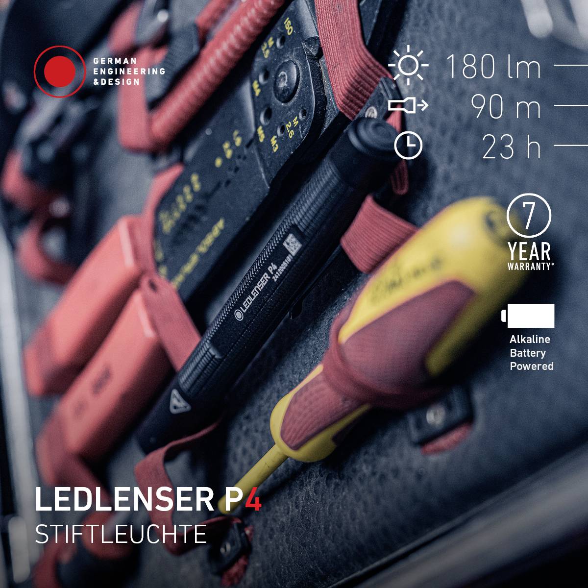 'Ledlenser P4 Stiftleuchte': Eine LED-Taschenlampe, 180 Lumen, 90 m Reichweite, 7 Stunden Laufzeit, Batteriebetrieben, 7 Jahre Garantie.