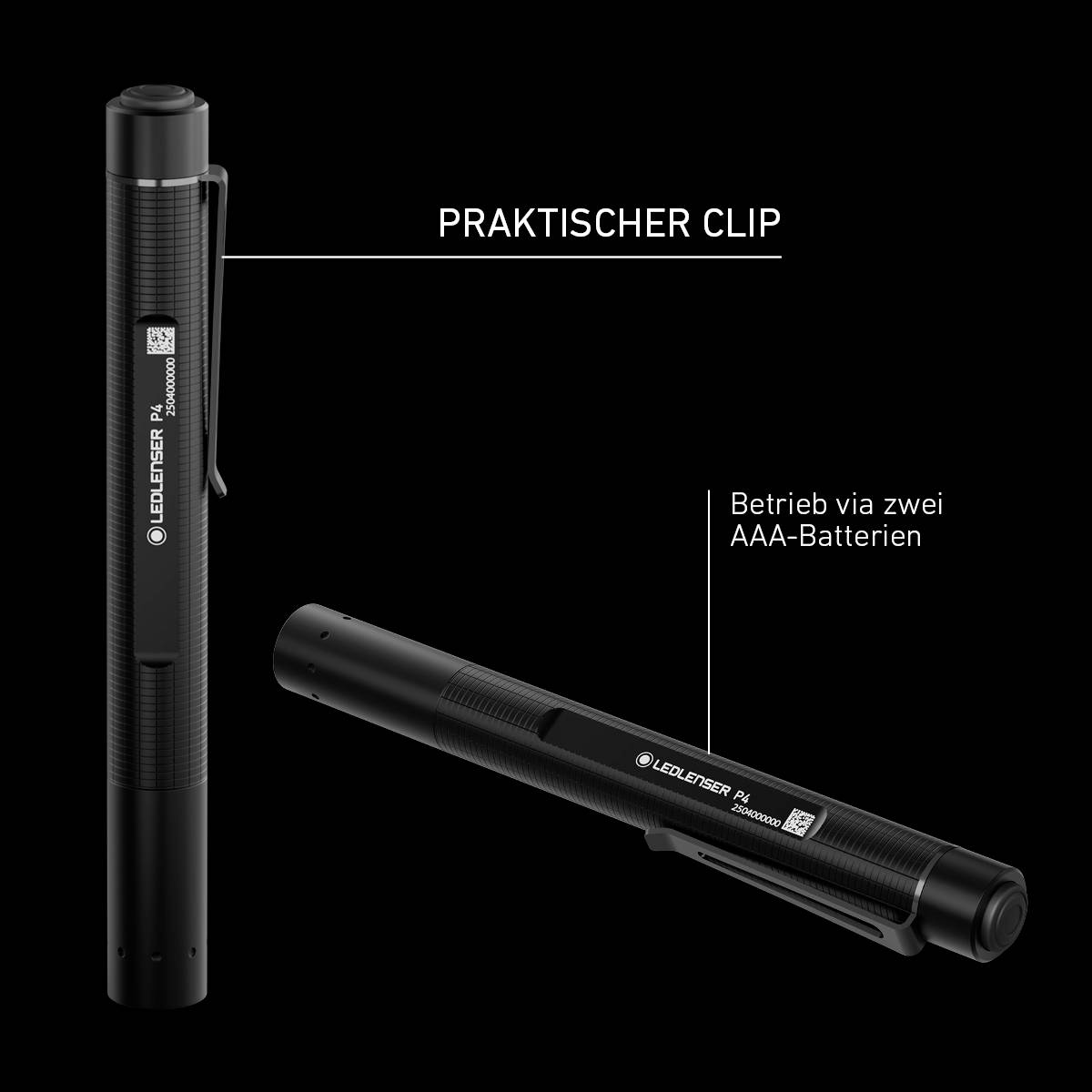 Schwarzer Taschenlampe-Stift mit Clip, betrieben durch zwei AAA-Batterien. Text: 'Praktischer Clip'.