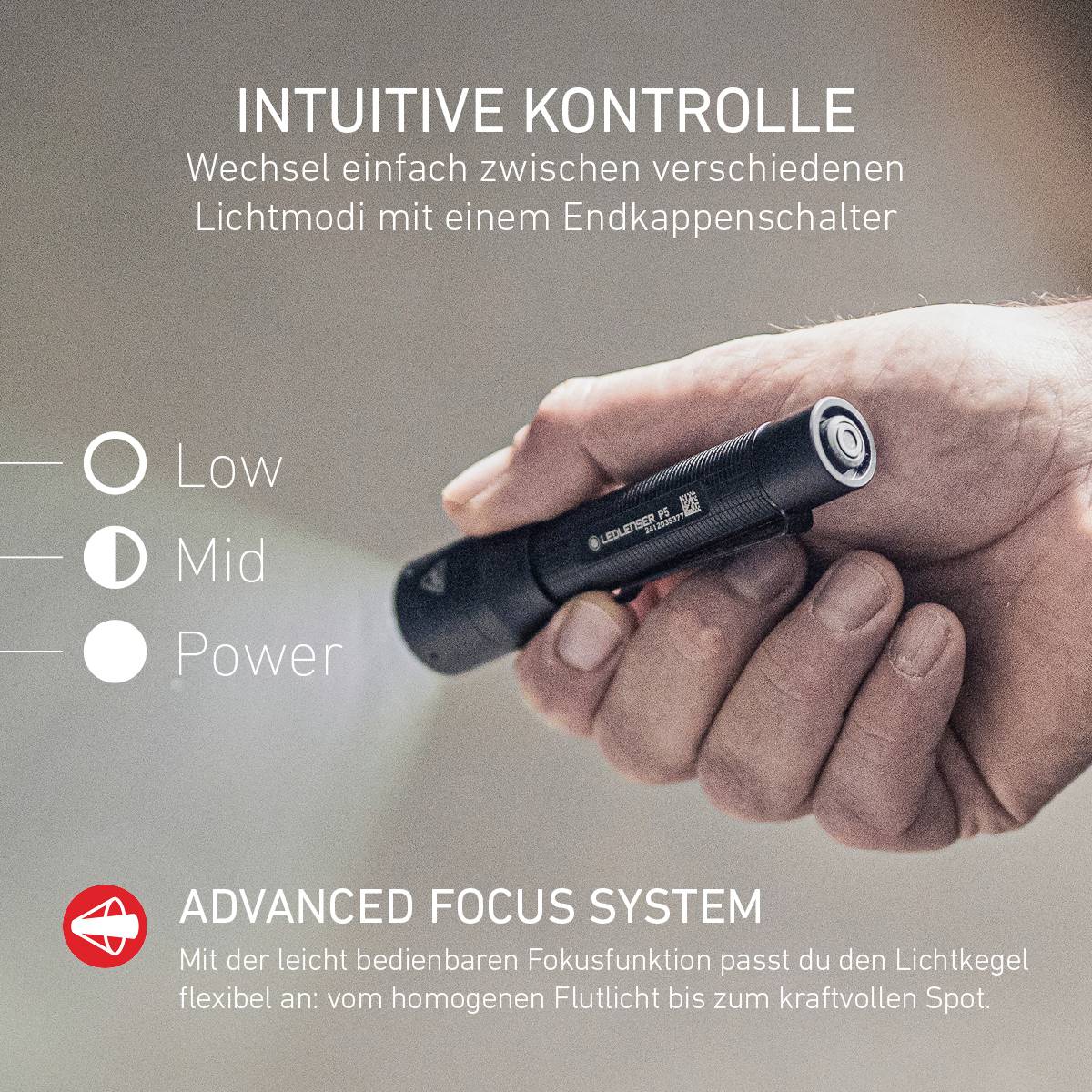 Eine Hand hält eine Taschenlampe. Links Text: 'Intuitive Kontrolle' mit Lichtmodi (Low, Mid, Power) erklärt. Unten: 'Advanced Focus System'.