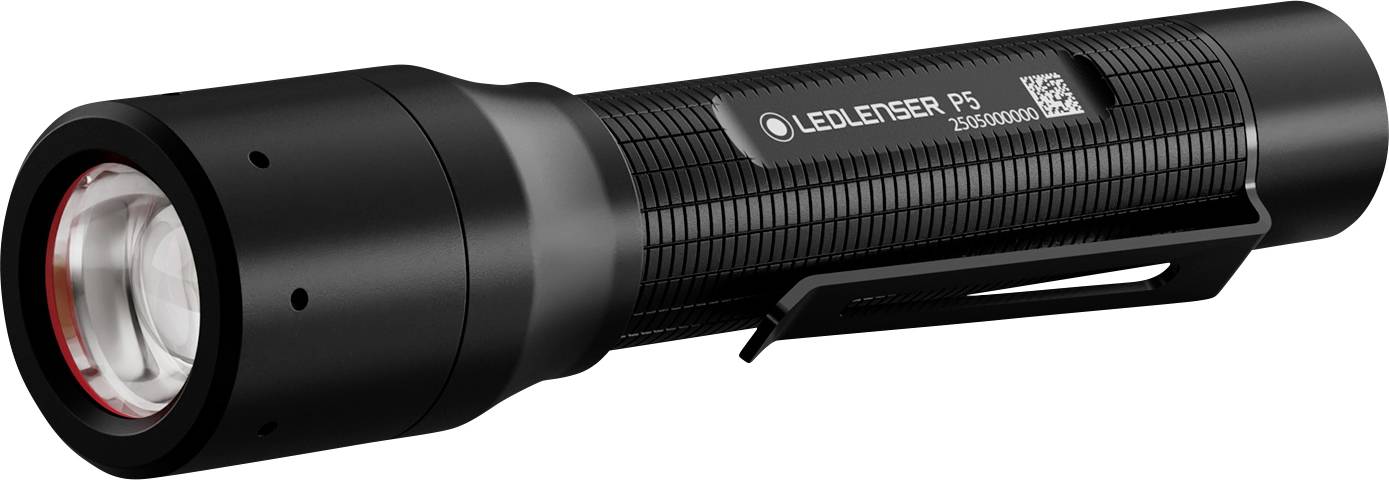 Eine schwarze LED-Taschenlampe mit der Aufschrift 