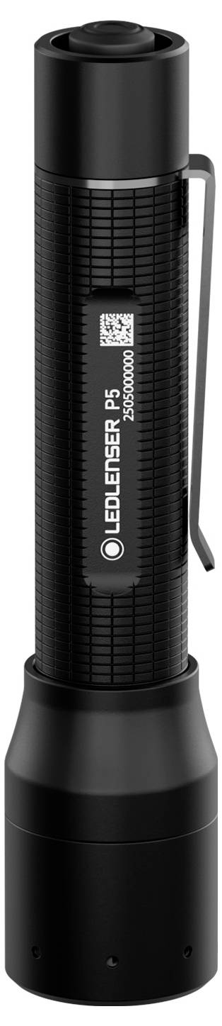 Eine schwarze, zylindrische Taschenlampe mit strukturiertem Griff und einer Klammer an der Seite, mit der Aufschrift 'LEDLENSER P5' und '250 LUMEN' nahe dem oberen Ende.