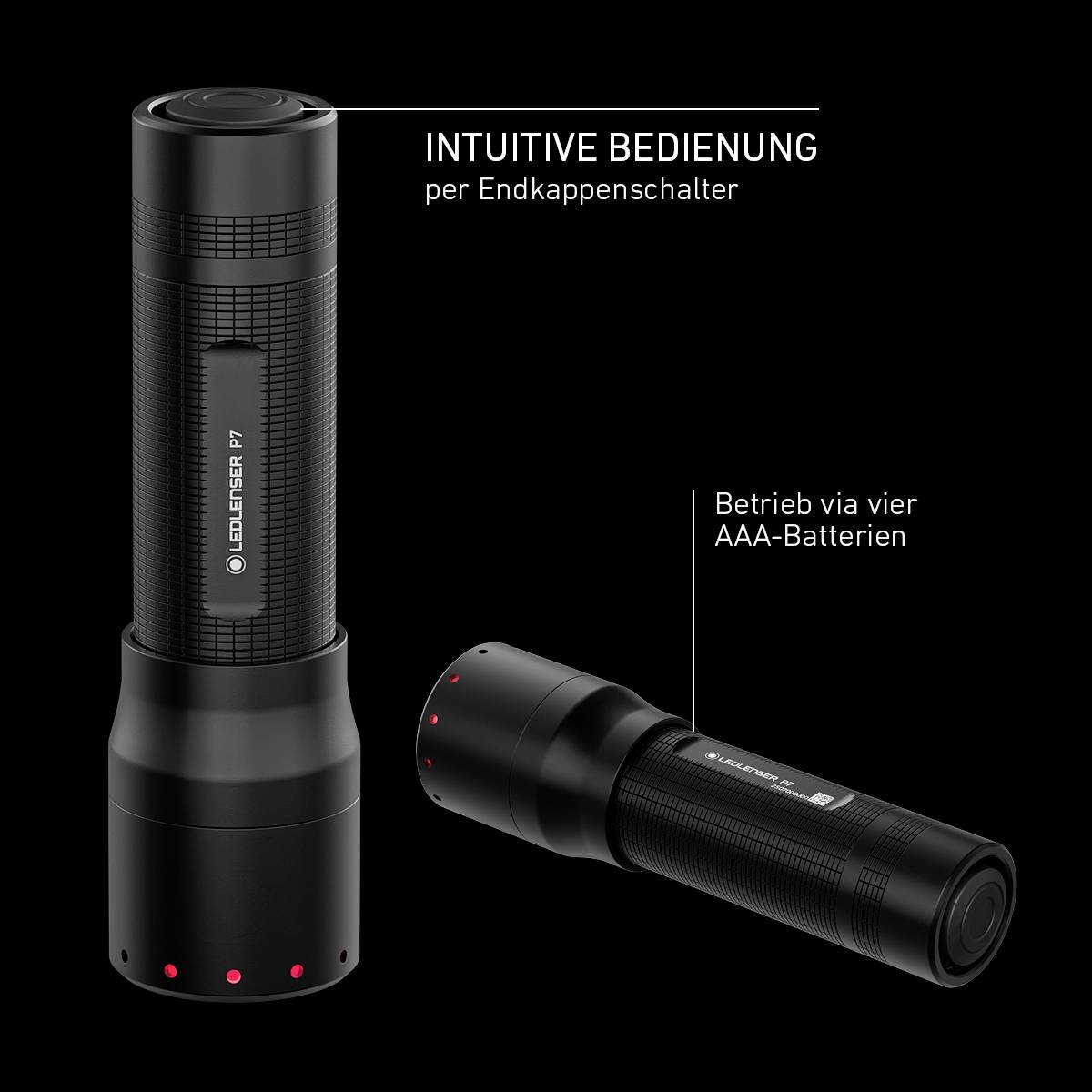 Zwei schwarze LED-Taschenlampen, eine stehend, eine liegend. Text: 'Intuitive Bedienung per Endkappenschalter' und 'Betrieb via vier AAA-Batterien'.