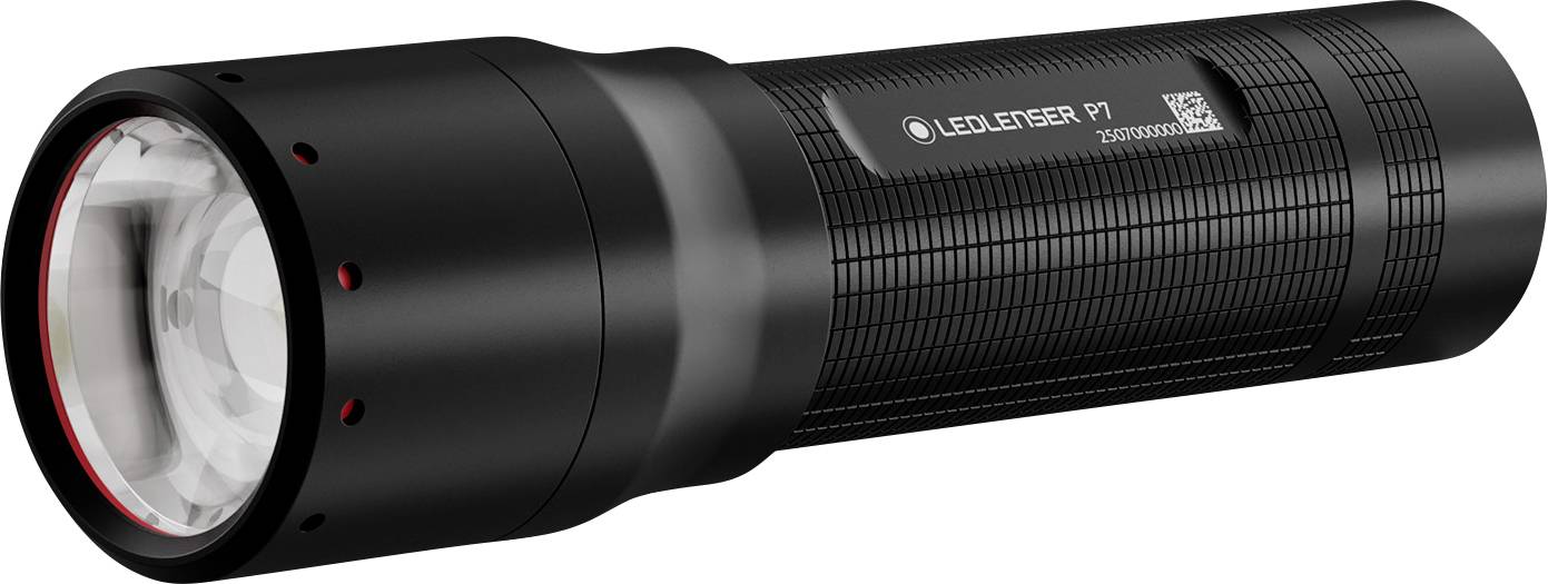 Eine schwarze LED-Taschenlampe mit strukturiertem Griff und sichtbarer Linse, beschriftet mit 'LED LENSER P7'.