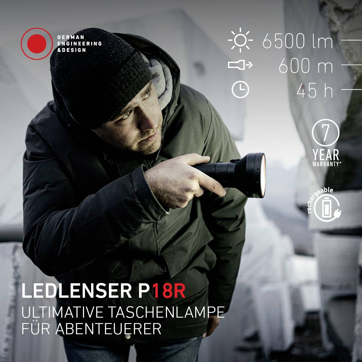 Ein Mann hält eine Taschenlampe in der Hand. Text: 'LEDLENSER P18R', '6500 lm', '600 m', '45 h', '7 Year Warranty', 'Rechargeable'.