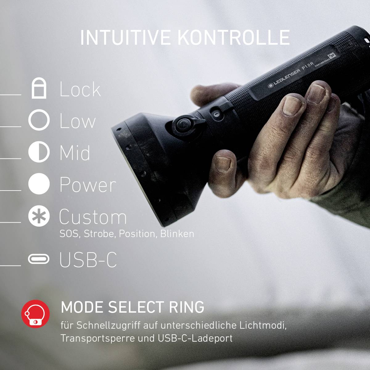 Taschenlampe mit verschiedenen Lichtmodi 'Lock, Low, Mid, Power' und 'Custom'. Zeigt eine Hand, die die Kontrolle hält.