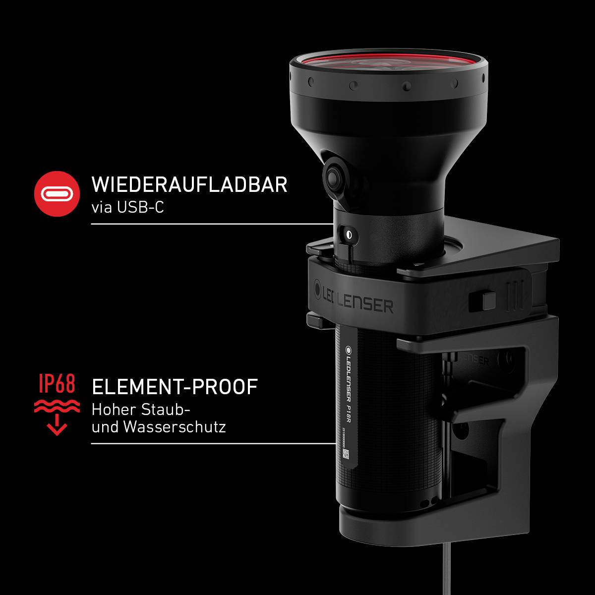 Die Abbildung zeigt eine schwarz-rote LED-Taschenlampe von Ledlenser. Merkmale: Wiederaufladbar via USB-C, IP68 Wasser- und Staubschutz.