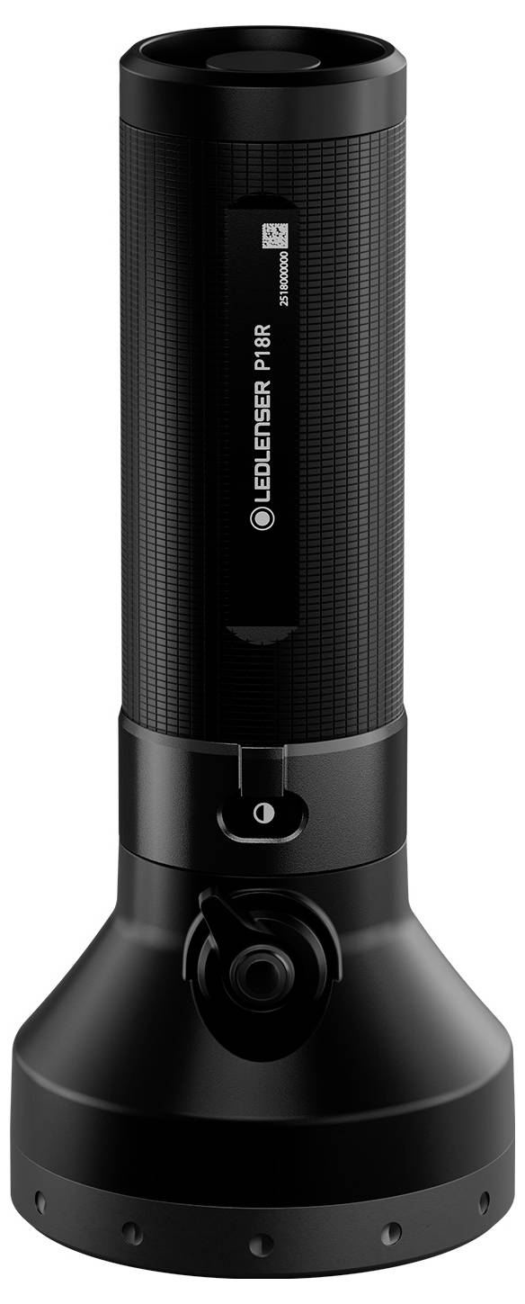 Eine schwarze Taschenlampe mit strukturiertem Griff und breiter, stabiler Standfläche, auf deren Seite das Markenlogo und der Text 'LED LENSER P17R' angebracht sind.
