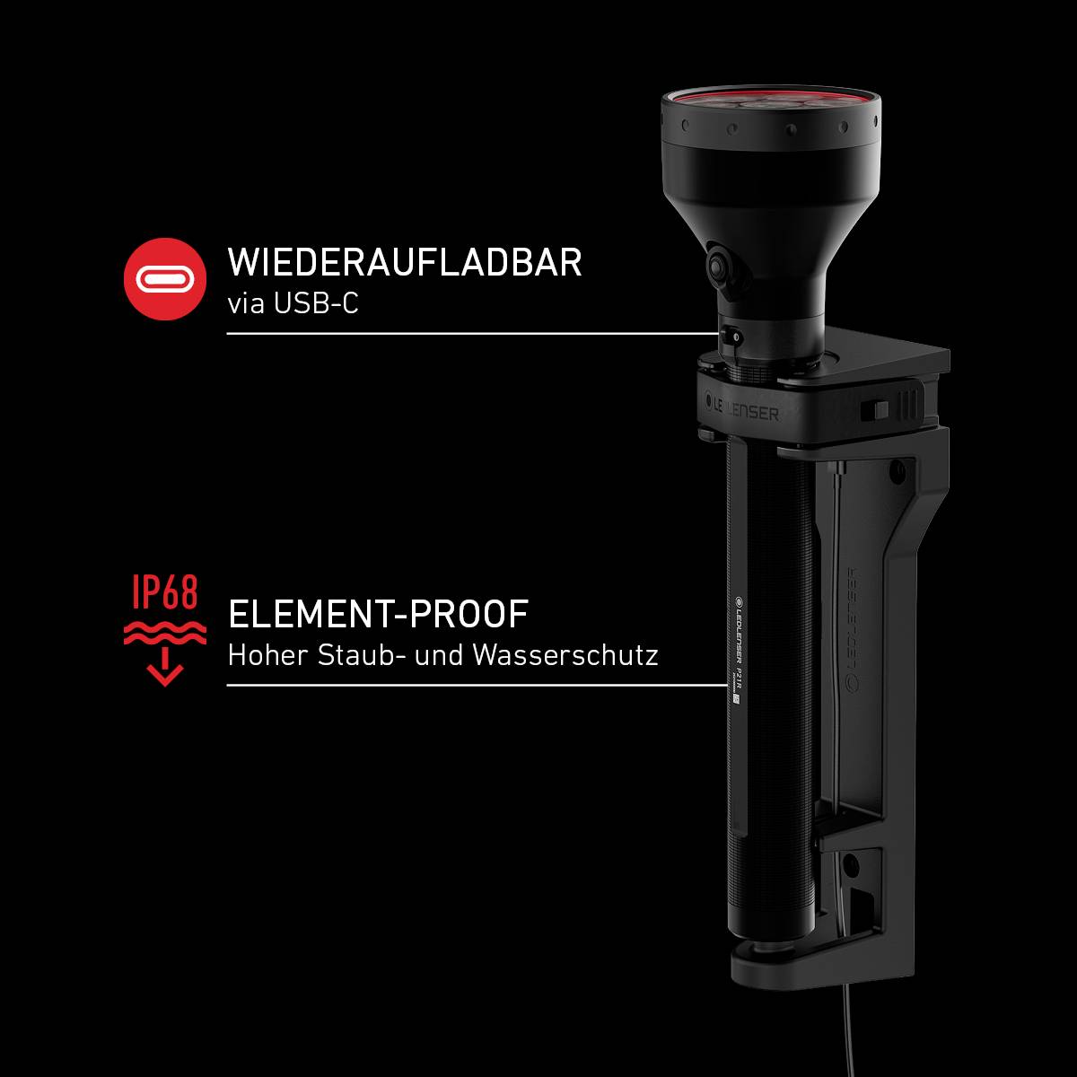 Tragbare Lampe in Halterung, wiederaufladbar via USB-C, IP68 zertifiziert für hohen Staub- und Wasserschutz.