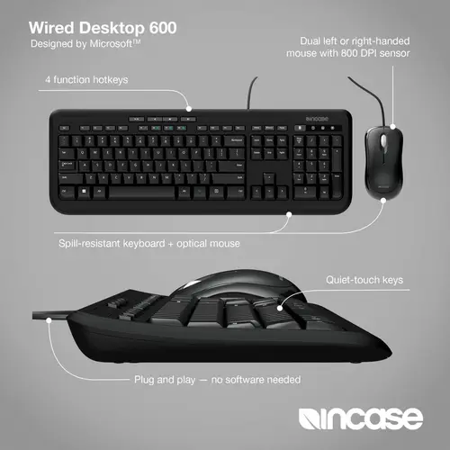 Incase Wired Desktop 600 (Tastatur & Maus) Kabelgebunden Tastatur, Maus-Set Deutsch, QWERTZ Schwarz Incase Wired Desktop 600 (Tastatur & Maus) Kabelgebunden Tastatur, Maus-Set Deutsch, QWERTZ Schwarz