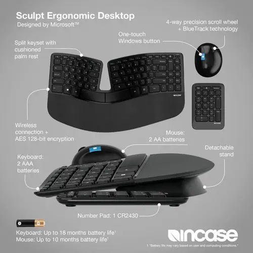 Incase Sculpt Eronomic Desktop Funk Tastatur, Maus-Set Ergonomisch, Geteilte Tastatur, Handballenauflage, mit numerischer Incase Sculpt Eronomic Desktop Funk Tastatur, Maus-Set Ergonomisch, Geteilte Tastatur, Handballenauflage, mit numerischer