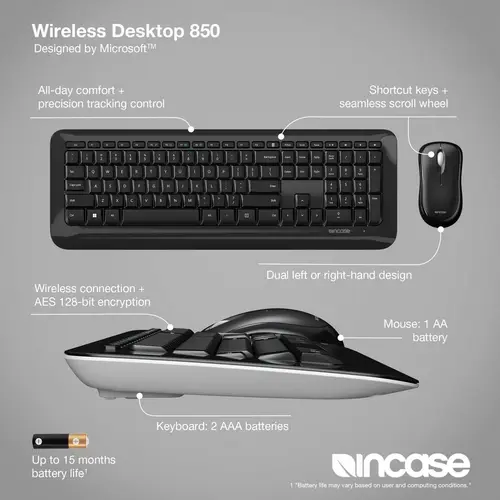 Incase Desktop 850 Kabellos Tastatur, Maus-Set Geräuscharme Tasten, Integriertes Scrollrad Deutsch, QWERTZ Schwarz Incase Desktop 850 Kabellos Tastatur, Maus-Set Geräuscharme Tasten, Integriertes Scrollrad Deutsch, QWERTZ Schwarz