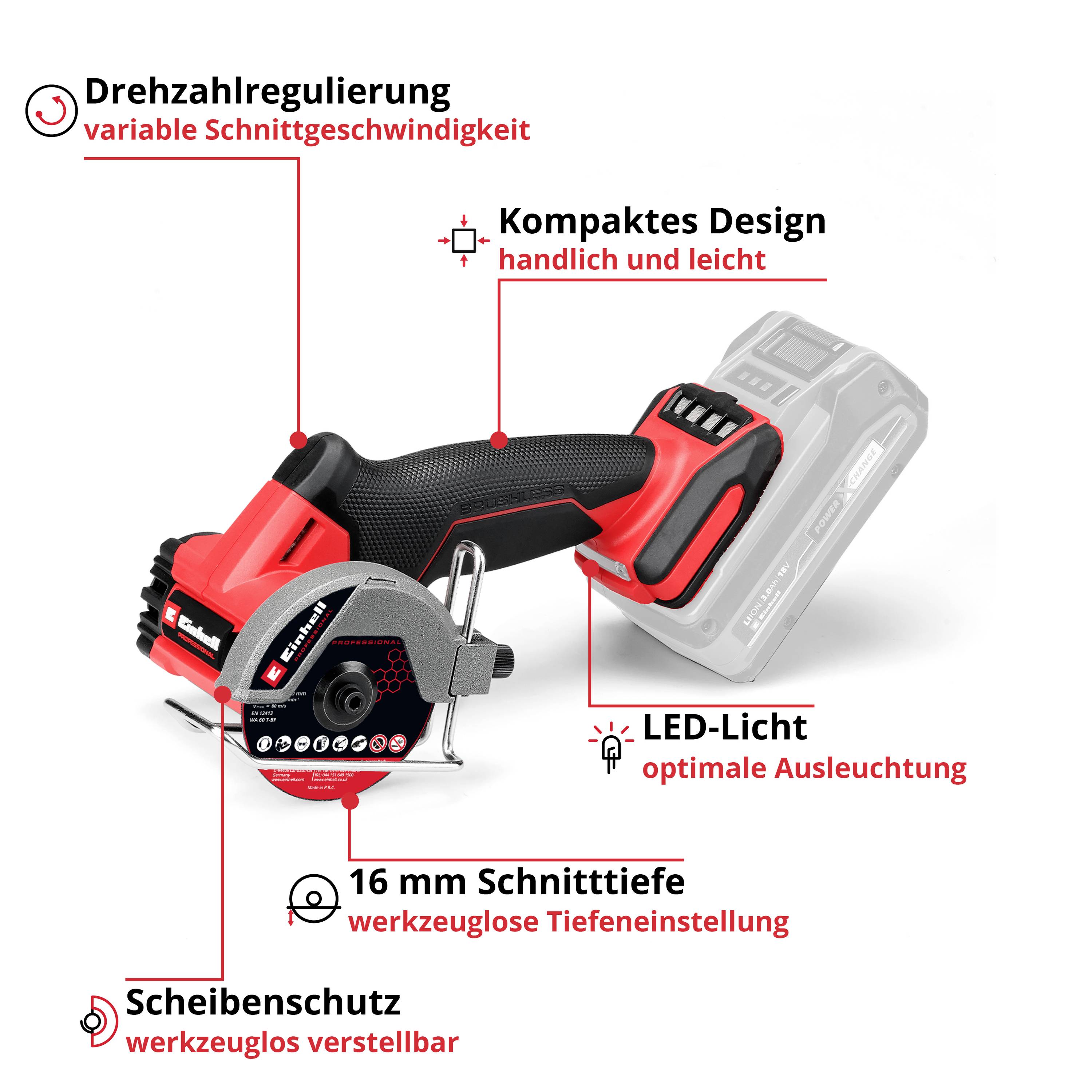 Akkubetriebene Handkreissäge mit variabler Drehzahl, kompaktem Design und LED-Ausleuchtung, ermöglicht präzise Schnitte.