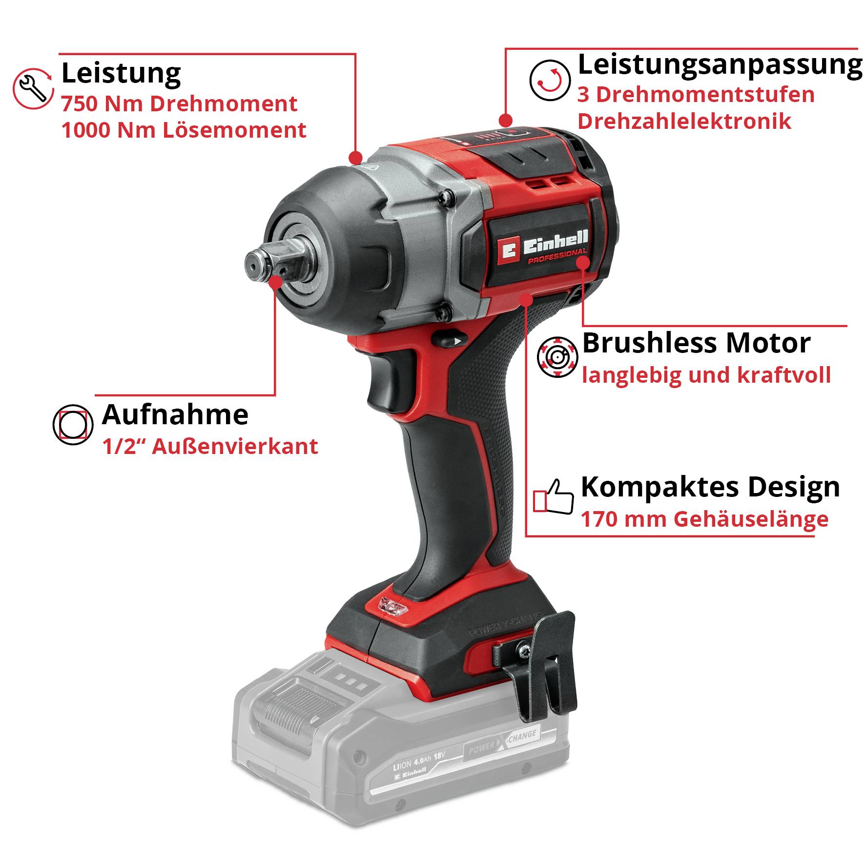 Einhell Professional TP-CW 18/750-C Li BL - Solo 4510065 Akku-Schlagschrauber 750 Nm Anzahl mitgelieferte Akkus 0