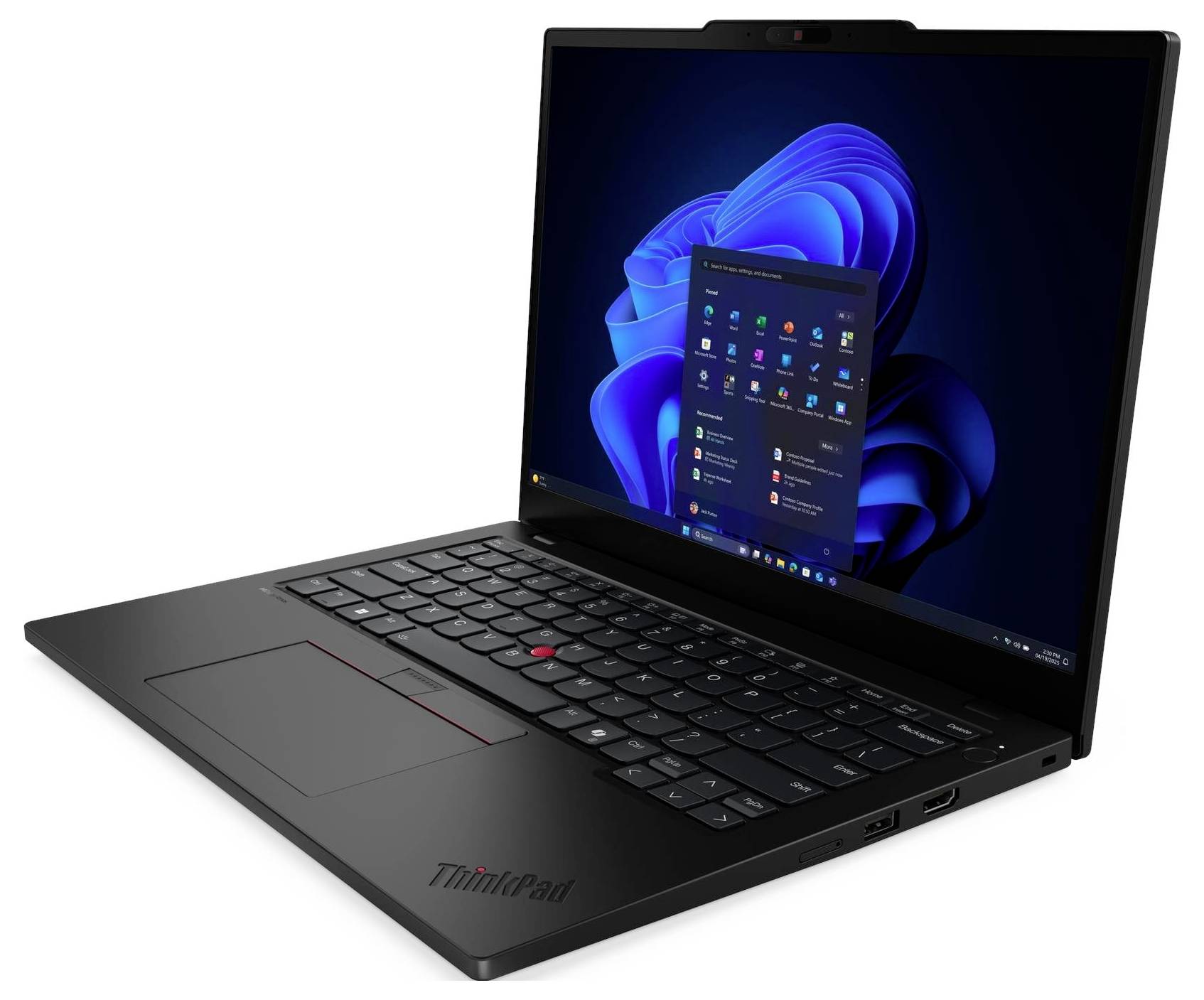 Ein schlankes, schwarzes Laptop mit sichtbarem Microsoft Windows 11 Bildschirm. Die physische Tastatur und das Trackpad sind markante Elemente im Design.