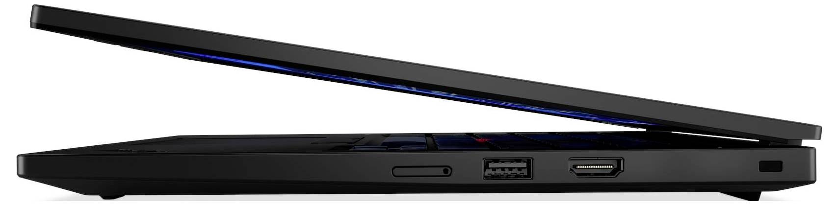 Ein teilweise geöffneter schwarzer Laptop, von der Seite betrachtet, mit sichtbaren USB- und HDMI-Anschlüssen.