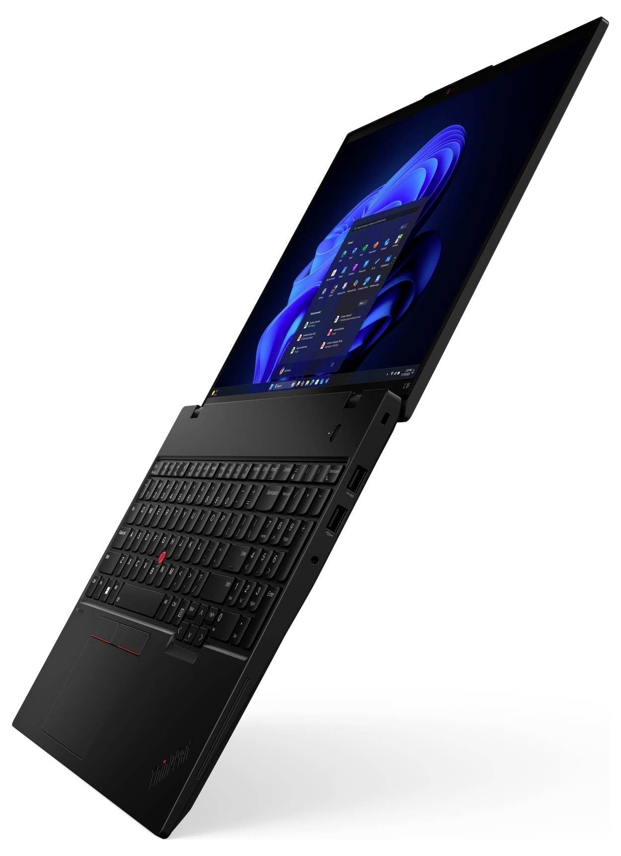 Ein schlanker, offener schwarzer Laptop, der den Windows 11 Startbildschirm anzeigt und ein schlankes, modernes Design mit einer detaillierten Tastaturanordnung präsentiert.