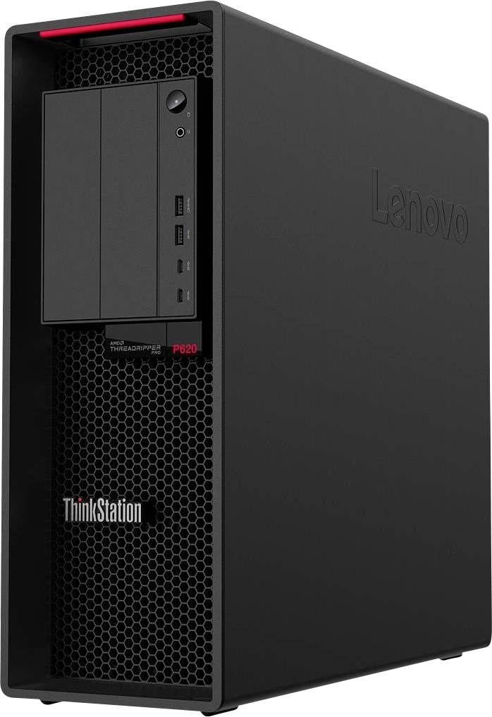 Ein schlanker schwarzer Lenovo ThinkStation P620 Desktop-Computertower mit Wabenfrontdesign, ausgestattet mit Anschlüssen und Tasten auf der rechten Seite.