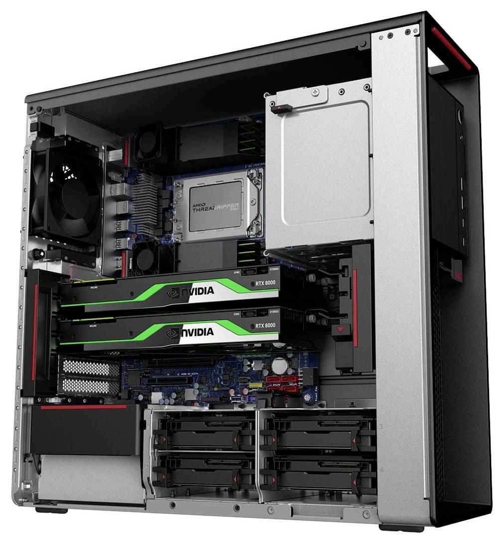 Geöffneter Computer-Tower, der Innenkomponenten zeigt, einschließlich Kühlventilatoren, zwei NVIDIA-Grafikkarten, Mainboard und mehreren Speicherlaufwerken.