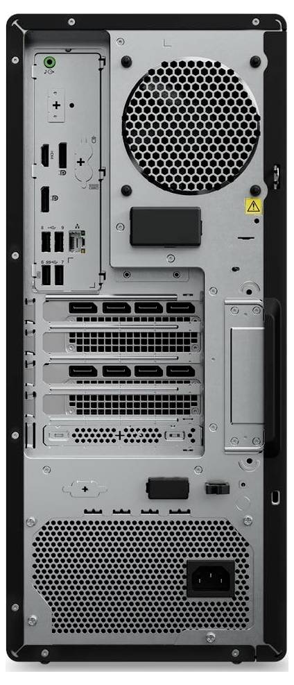 Die Rückseite eines Computergehäuses mit mehreren Anschlüssen, darunter USB, HDMI und Ethernet, sowie einem Lüfter und Netzteil.