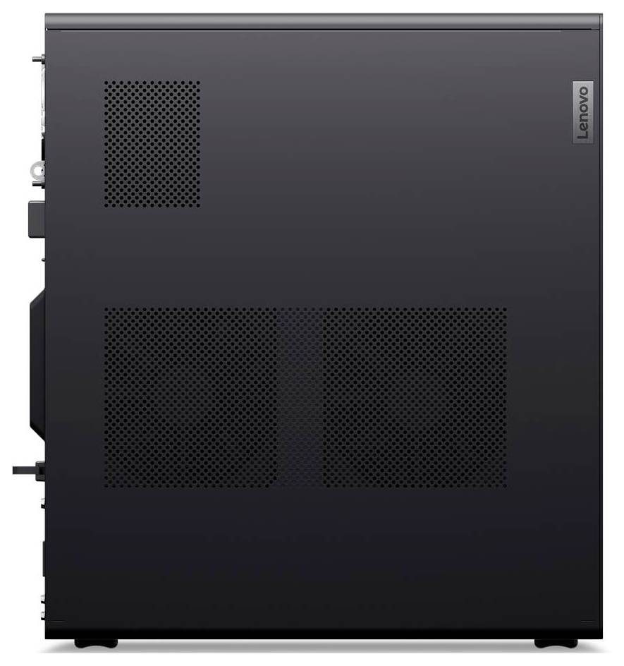Seitenansicht eines schwarzen Lenovo-Desktop-Computertowers mit belüfteten Paneelen für Luftzirkulation. Das Lenovo-Logo ist nahe der oberen Kante sichtbar.