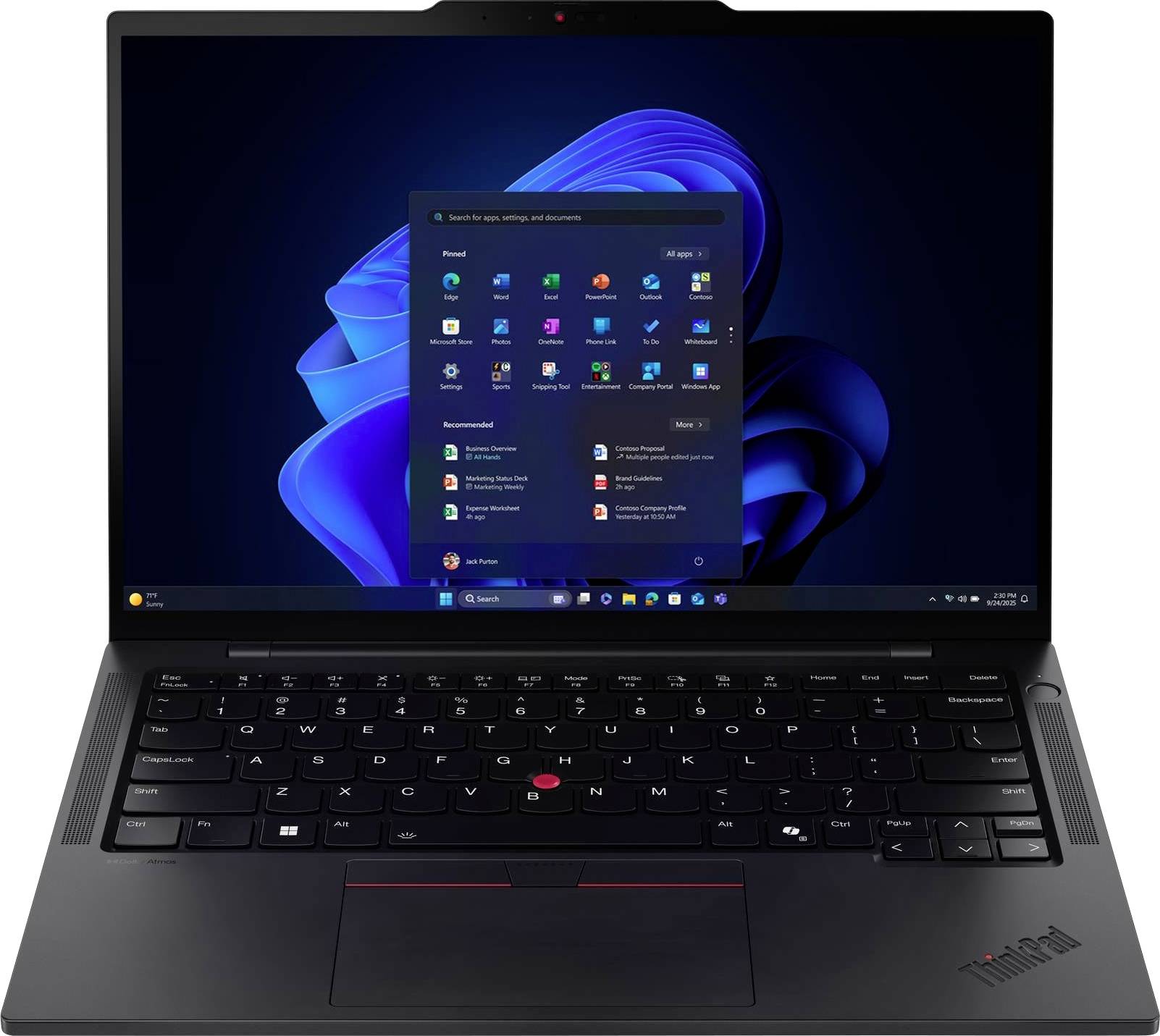 Ein Laptop zeigt das Windows 11 Startmenü auf seinem Bildschirm, das verschiedene App-Symbole präsentiert. Das Gerät verfügt über eine schwarze Tastatur und ein sichtbares Touchpad.