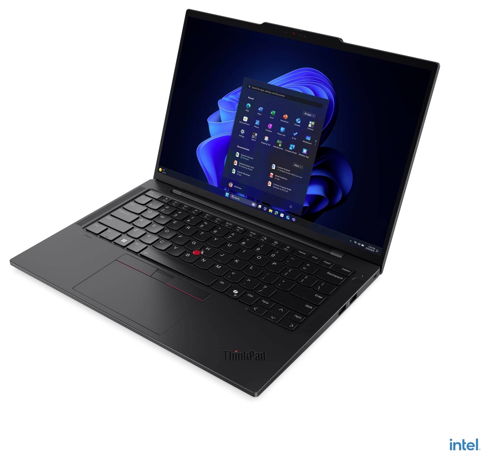 Ein schwarzer Laptop mit einem Startmenü auf dem Bildschirm, ausgestattet mit einem roten TrackPoint auf der Tastatur vor einem weißen Hintergrund.