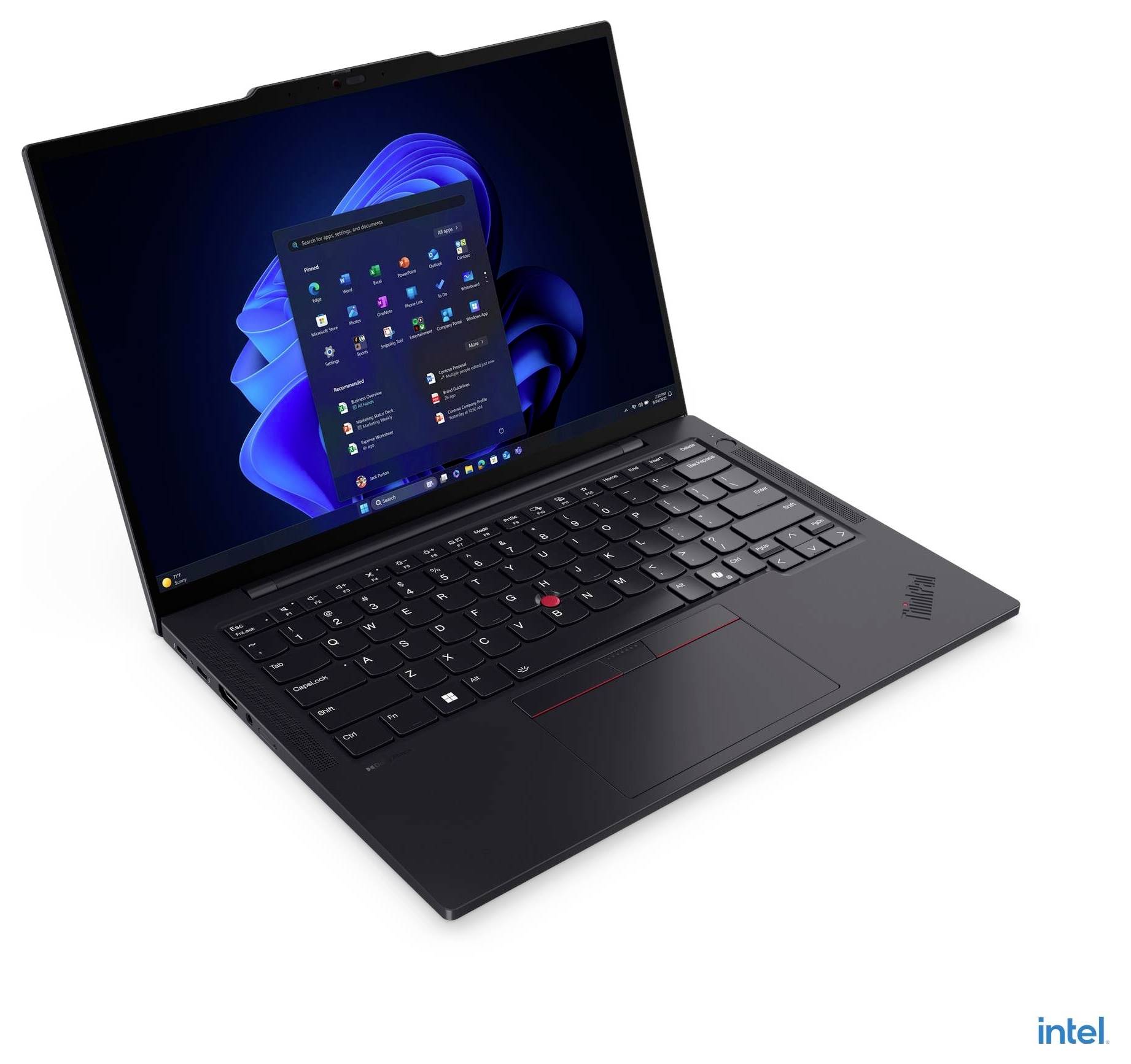 Ein schlanker, geöffneter Laptop, der den Windows 11 Startbildschirm vor einem dunklen Hintergrund zeigt und dessen moderne und kompakte Gestaltung hervorhebt.