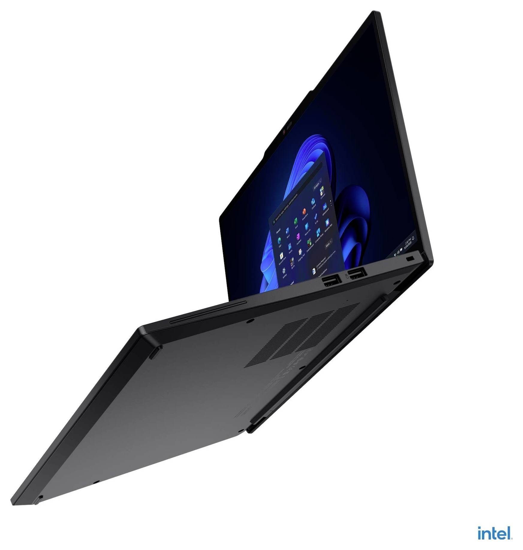 Ein schlankes, schwarzes Laptop, das teilweise geöffnet ist und ein 'Windows Startmenü' auf dem Bildschirm zeigt. Intel-Logo in der unteren rechten Ecke.