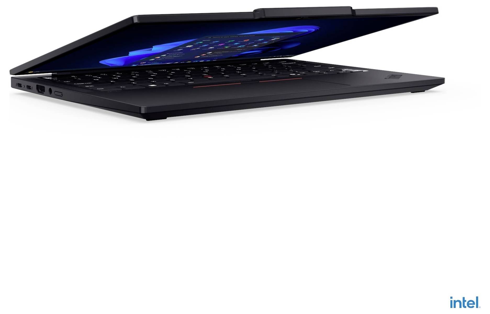 Ein teilweise geschlossener schwarzer Laptop mit buntem Bildschirm, von der Seite auf weißem Hintergrund gezeigt, mit einem Intel-Logo in der Ecke.
