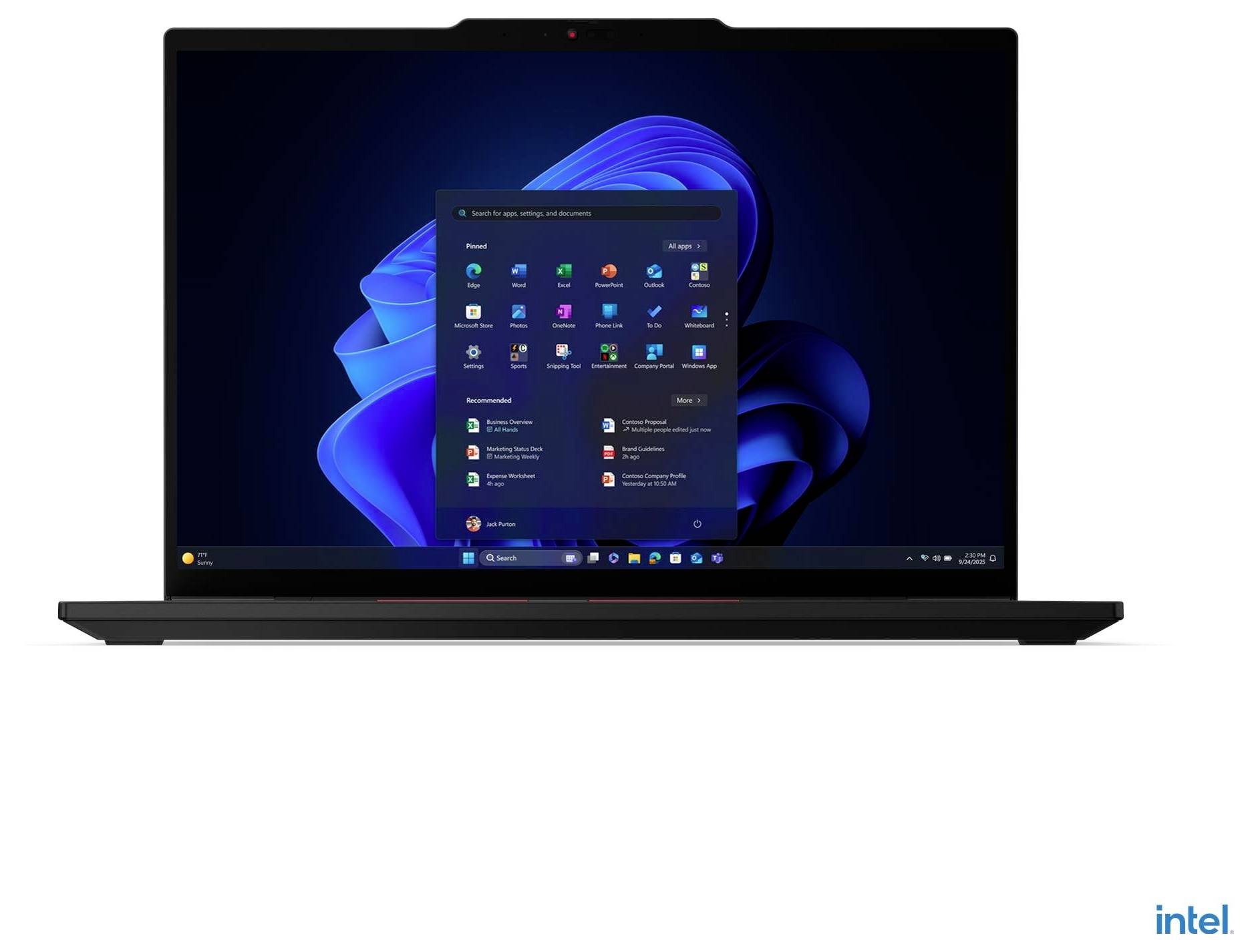 Laptop, der Windows 11 mit geöffnetem Startmenü auf einem dunkelblau abstrakten Hintergrund zeigt. Intel-Branding in der unteren Ecke.