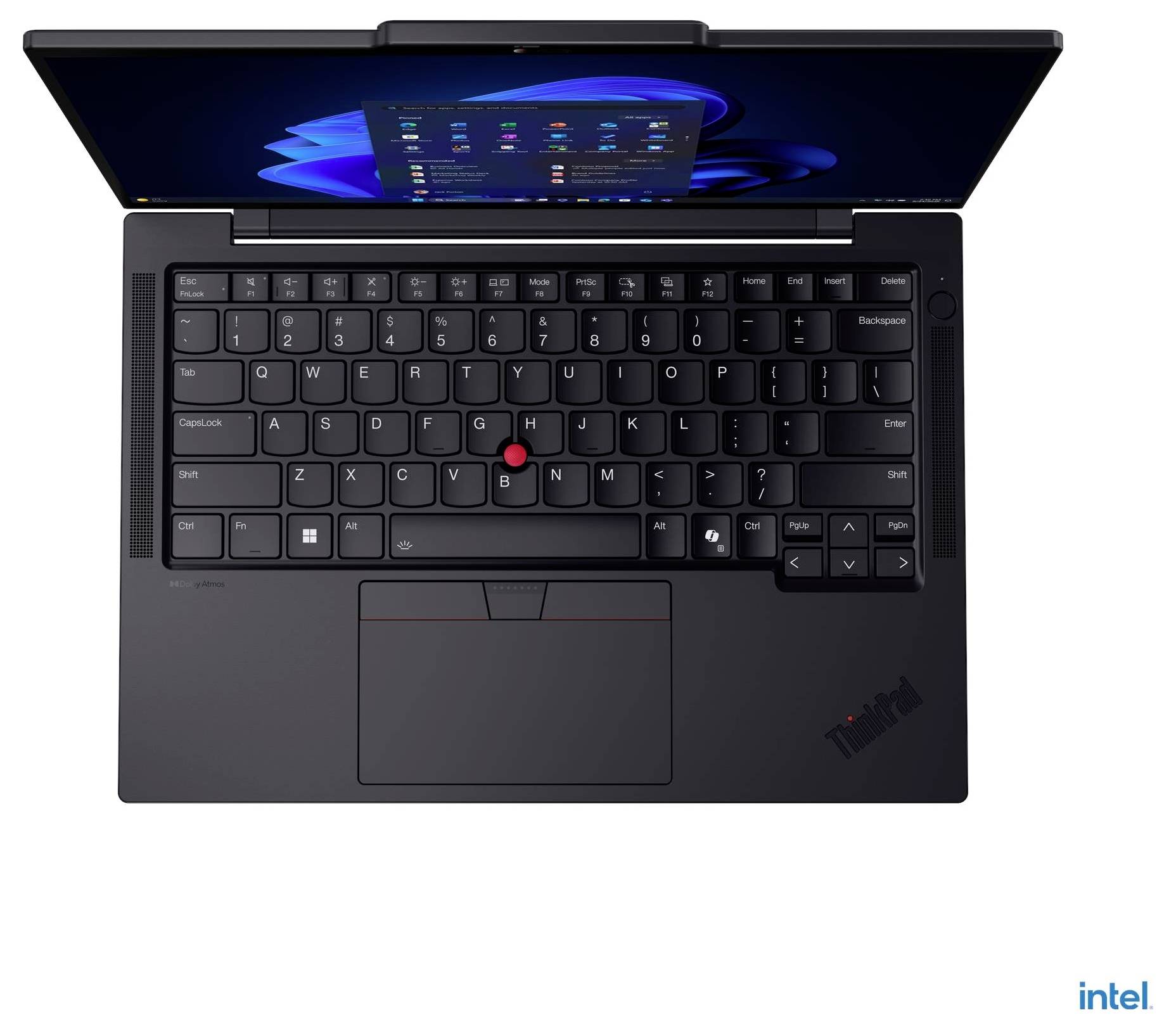 Ein Laptop mit geöffnetem Bildschirm, der einen Windows-Desktop zeigt, von oben aufgenommen, mit Tastatur und Touchpad. Intel-Logo in der Ecke.