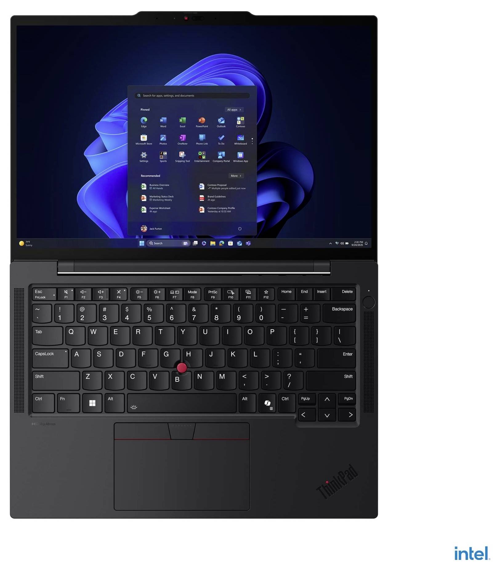 Ein schwarzer Laptop mit Windows 11 Benutzeroberfläche, die auf dem Bildschirm angezeigt wird. Die Tastatur verfügt über einen roten Trackpoint. Ein kleines 'Intel' Logo ist sichtbar.