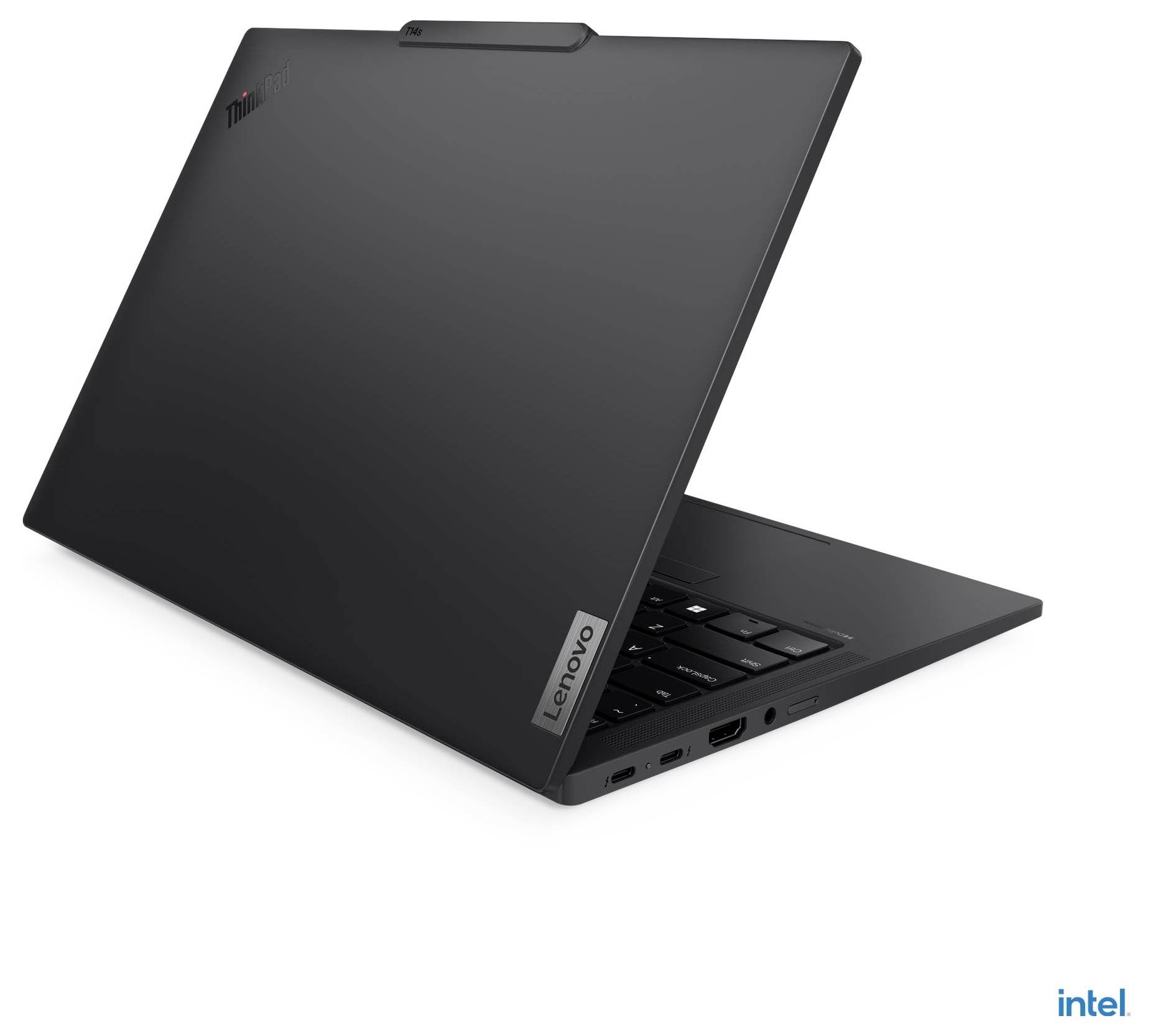 Ein schlanker, schwarzer Laptop, teilweise geöffnet, auf dem ein Lenovo-Logo zu sehen ist. Das Gerät ist so angewinkelt, dass die Anschlüsse an der Seite sichtbar sind. Das Intel-Logo befindet sich in der unteren rechten Ecke.