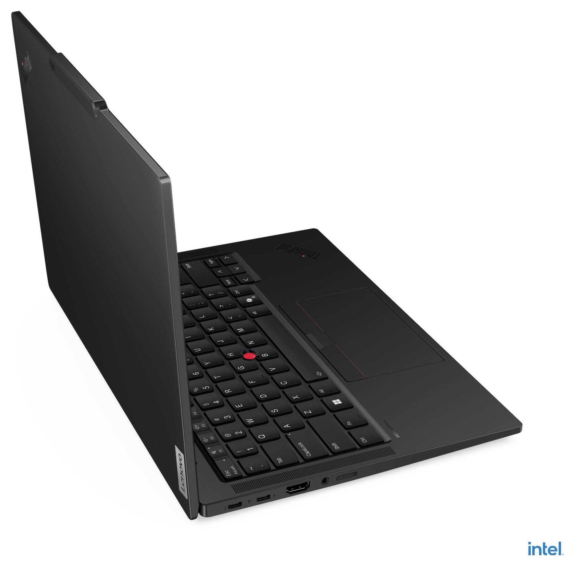 Ein schwarzer Laptop, halb geöffnet, mit Tastatur und Trackpad, aus einem Winkel betrachtet.