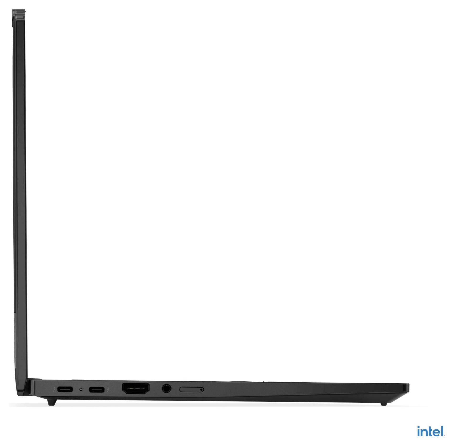 Ein schlankes Laptop, teilweise geöffnet, mit sichtbaren Anschlüssen auf der linken Seite, darunter USB und HDMI, und einem Intel-Logo in der unteren rechten Ecke.