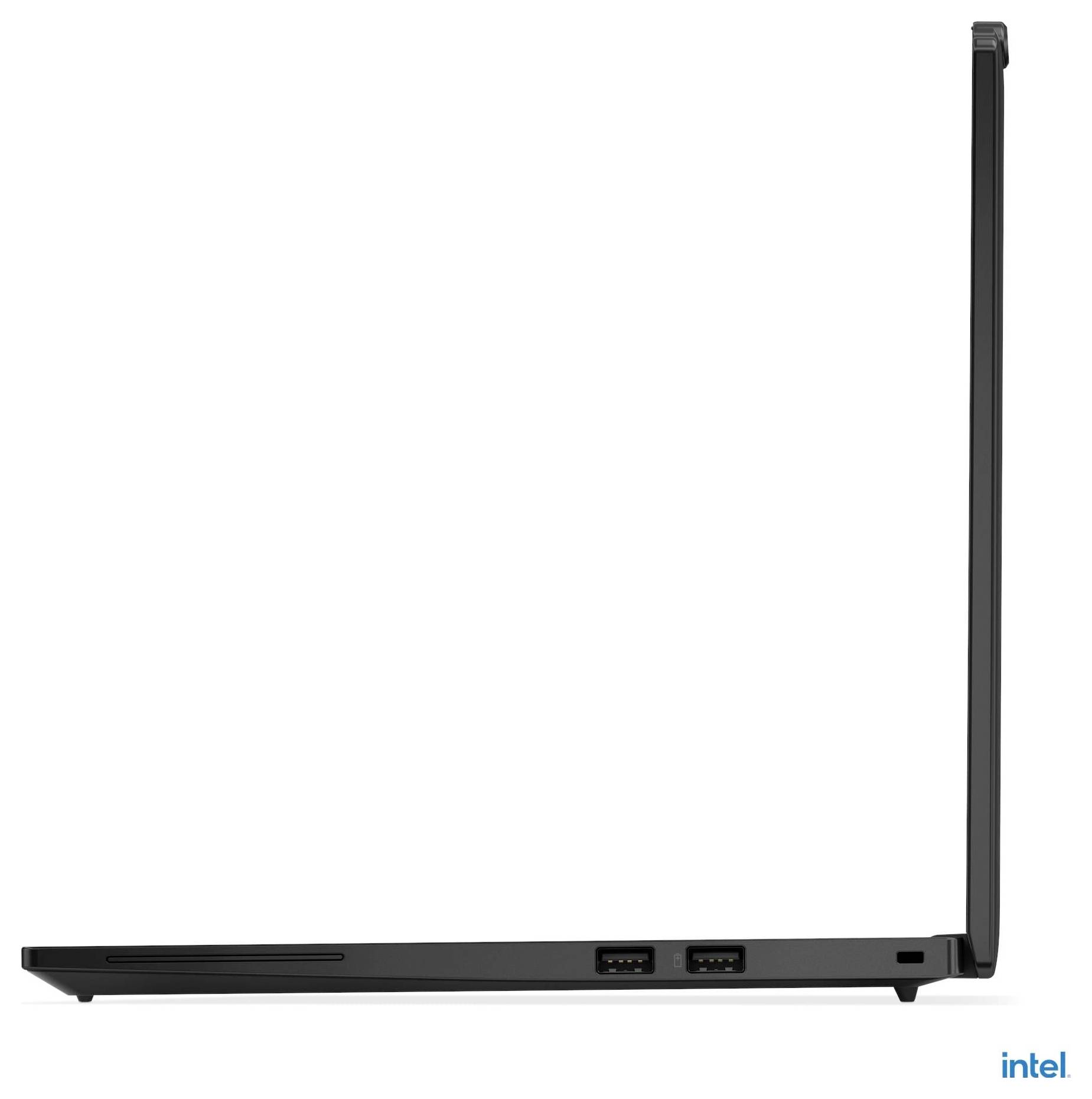 Eine Seitenansicht eines offenen, dünnen Laptops, der sein schlankes Design und zwei sichtbare USB-Anschlüsse zeigt.