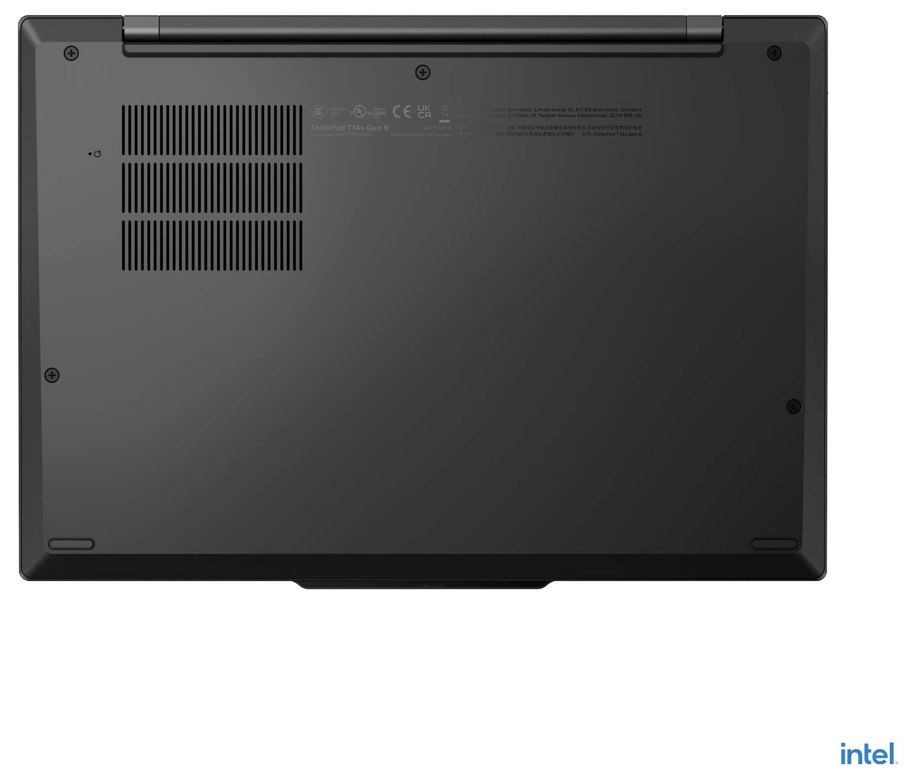 Unteransicht eines geschlossenen schwarzen Laptops, der Lüftungsschlitze und das Herstellerlogo in der Ecke zeigt.