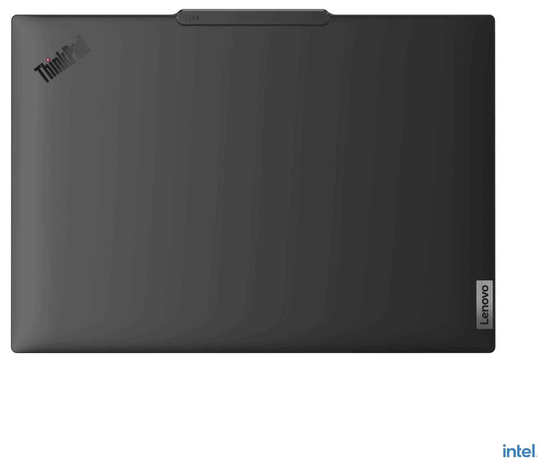 Ein geschlossener schwarzer Laptop, von oben betrachtet, mit 'ThinkPad'- und 'Lenovo'-Branding, mit dem 'Intel'-Logo in der unteren rechten Ecke.