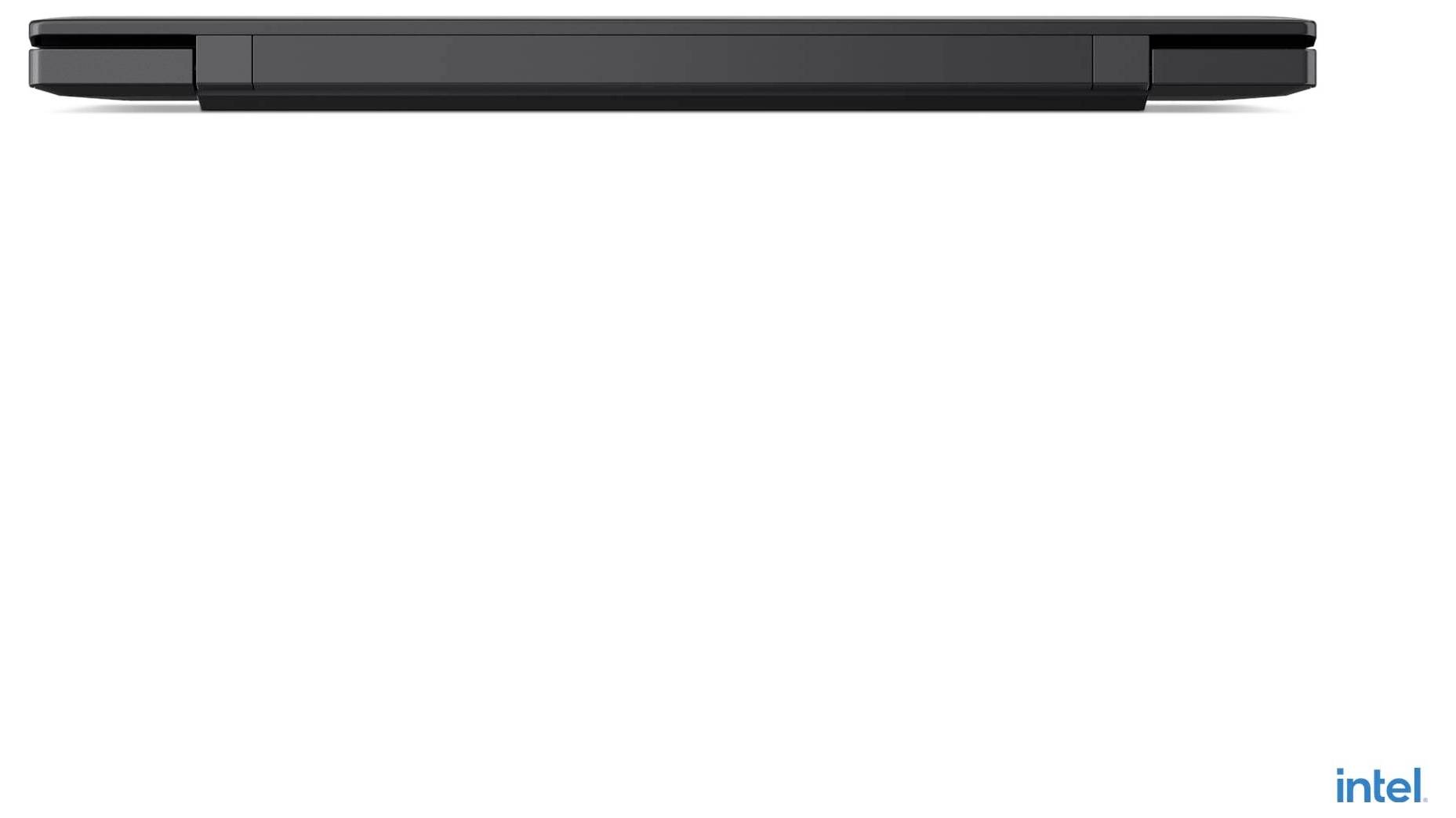 Ein schlanker, geschlossener schwarzer Laptop, von der Kante aus gesehen, der sein dünnes Profil zeigt. Das Intel-Logo befindet sich in der unteren rechten Ecke.
