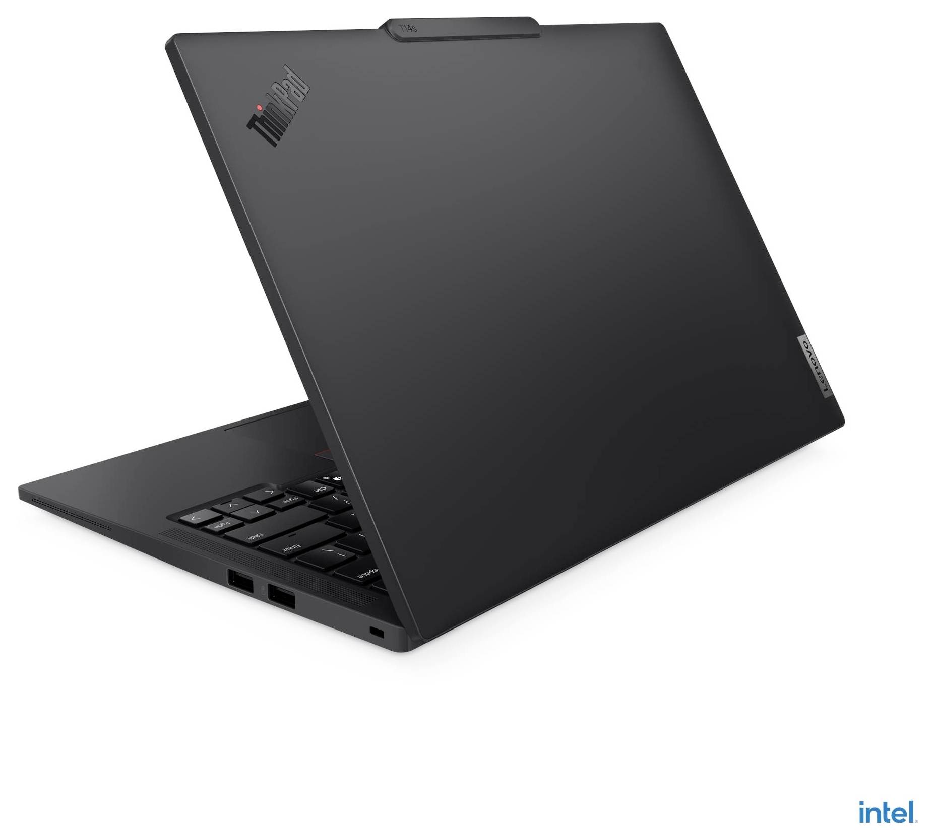 Ein schwarzer Laptop, teilweise geöffnet, auf dem die Lenovo- und ThinkPad-Logos zu sehen sind, vor einem weißen Hintergrund mit einem kleinen Intel-Logo in der Ecke.