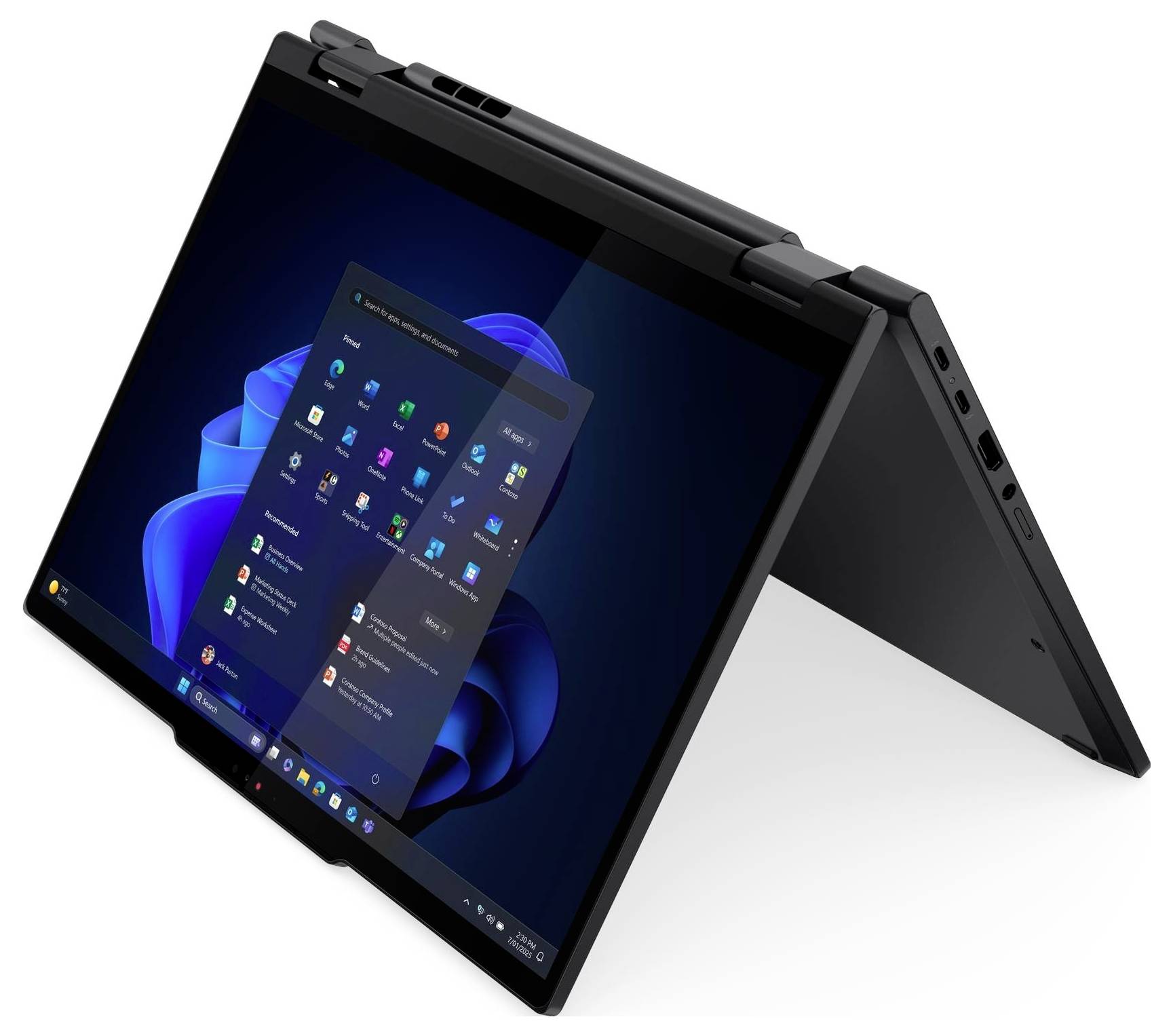 Ein Laptop im Zeltmodus, der ein Startmenü mit Apps auf einem blauen wirbelartigen Hintergrund anzeigt.