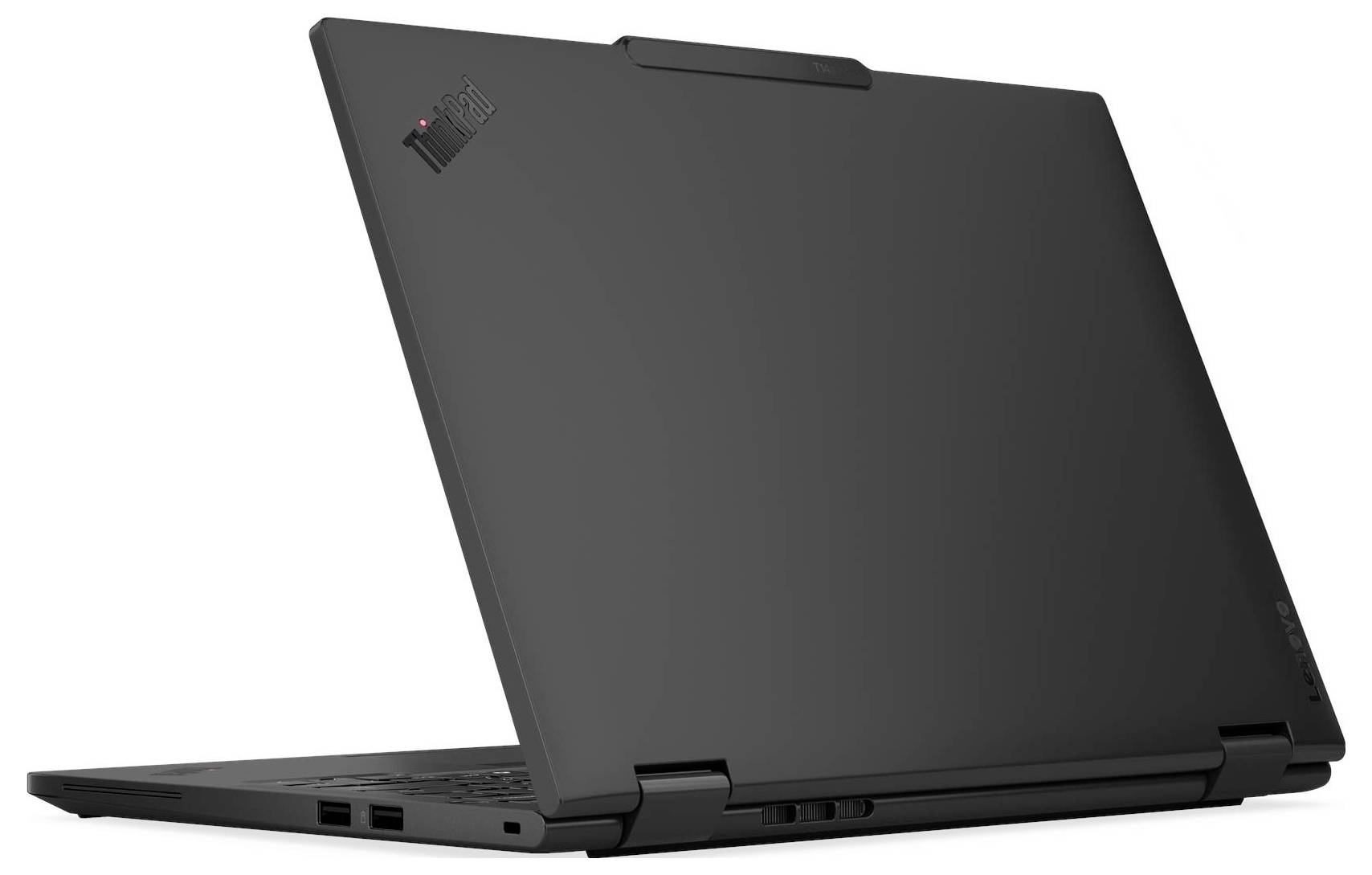 Ein schwarzer Laptop mit matter Oberfläche ist teilweise geöffnet, von hinten betrachtet, mit sichtbaren Scharnieren und einem Logo in der linken oberen Ecke.