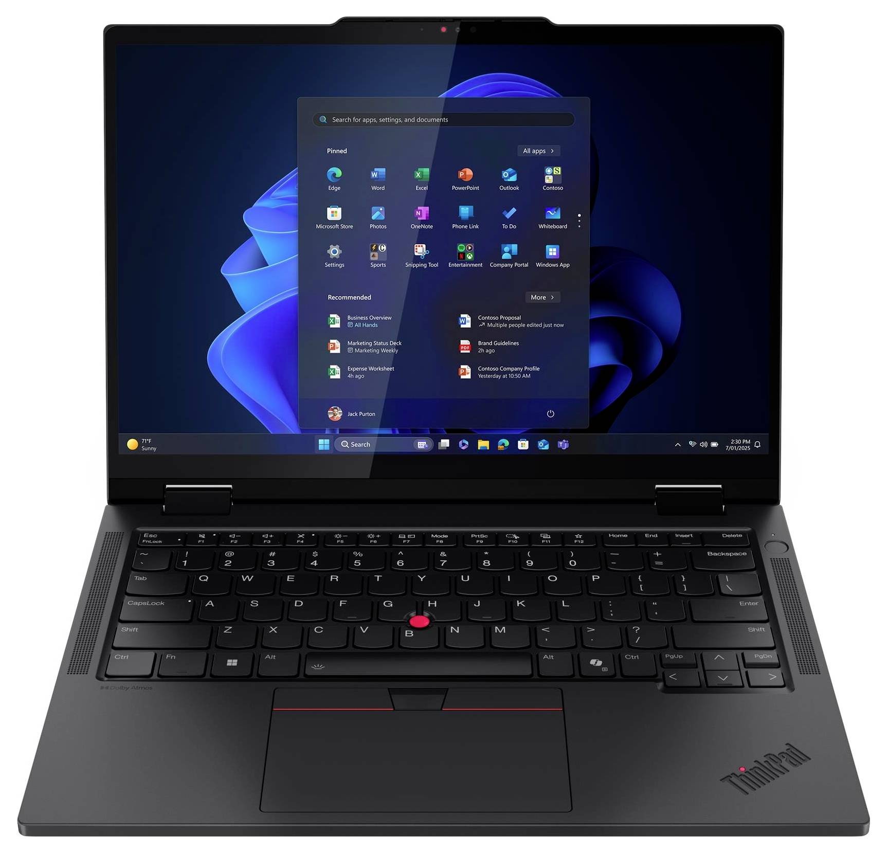 Ein Laptop, der eine Windows 11 Desktop-Oberfläche auf dem Bildschirm zeigt, mit Startmenü und Anwendungssymbolen vor einem dunklen Hintergrund.