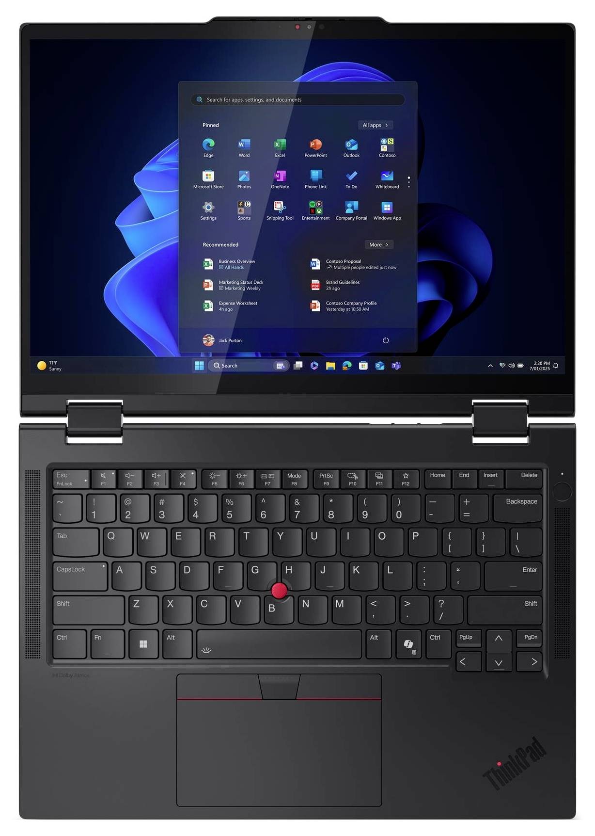 Ein Laptop, der das Windows 11 Startmenü auf seinem Bildschirm zeigt, mit einer sichtbaren Tastatur und einem Trackpoint.